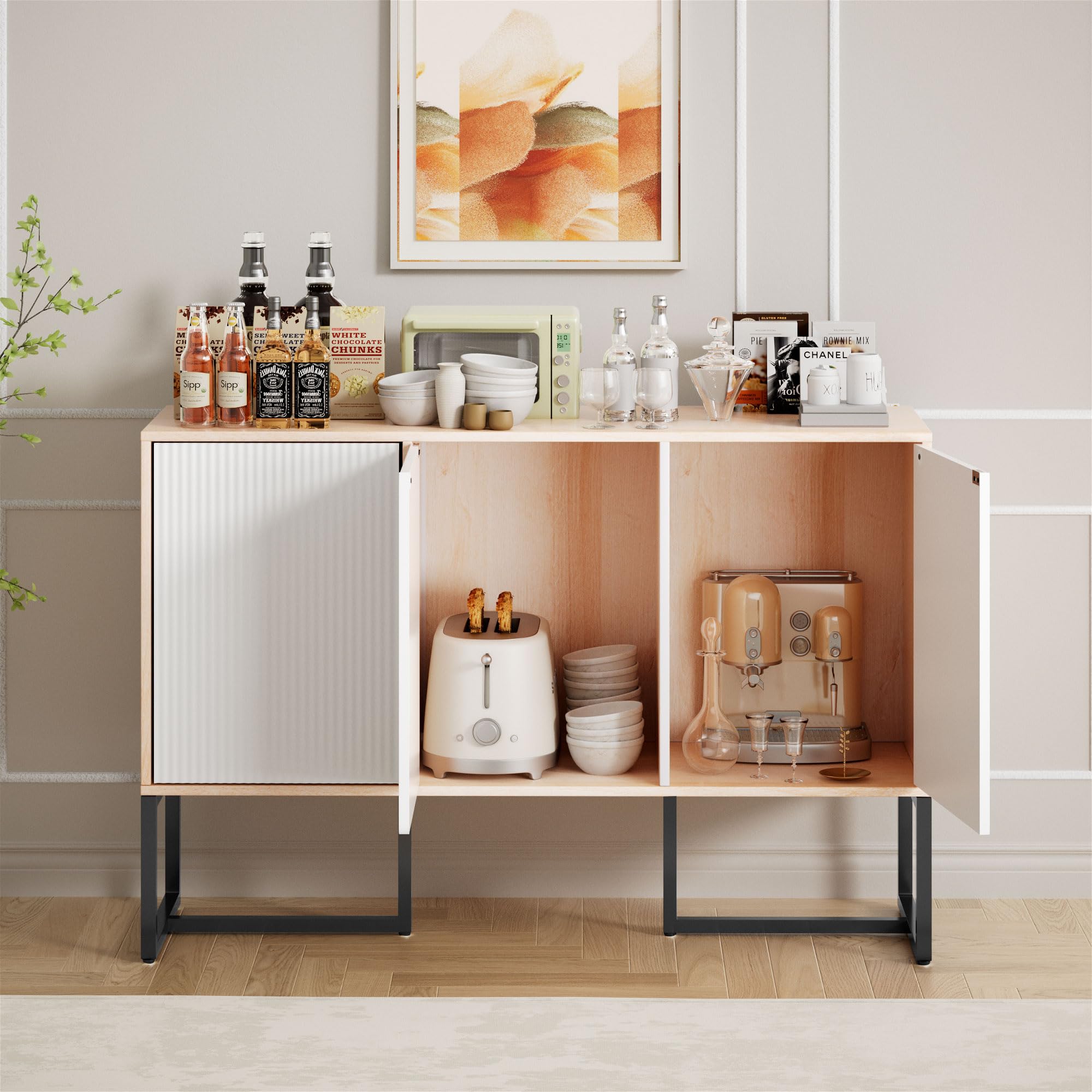 White Buffet Cabinet with Storage, 3-Door Coastal Sideboard with Metal Legs, Coffee Bar Organizer for Kitchen or Entryway