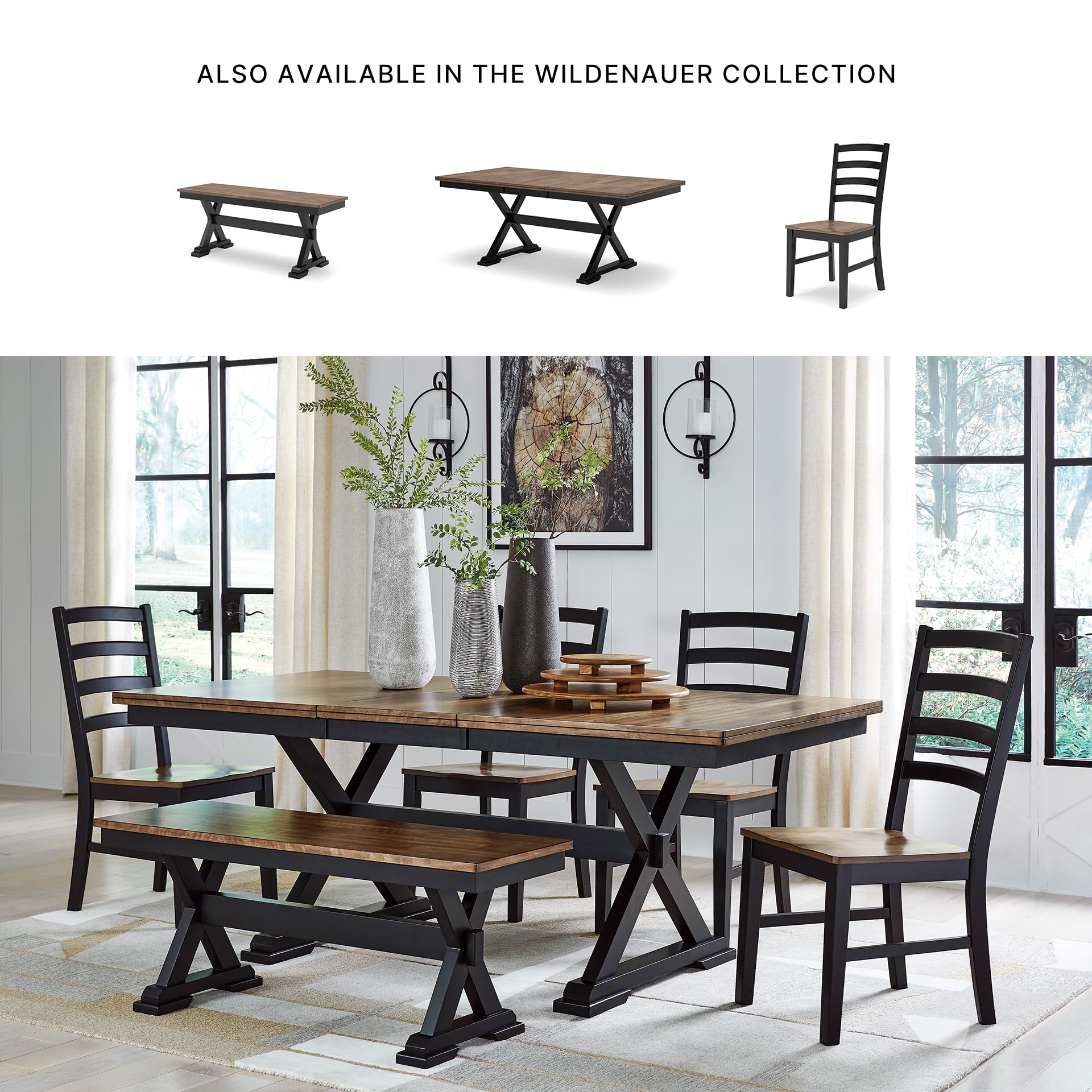 Wildenauer 50" Farmhouse Dining Bench, Dark Brown & Black Modern Rustic Wood Seating for Entryway