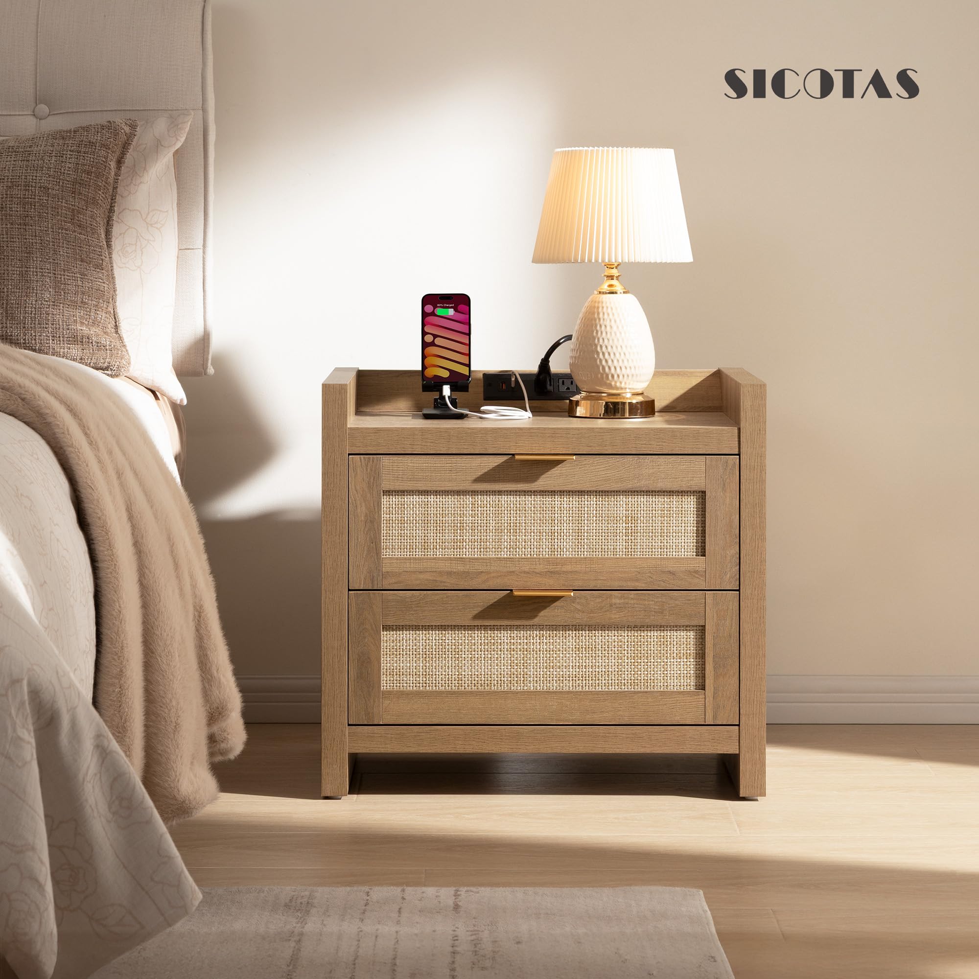 Natural Oak Rattan Nightstand Set of 2, Boho Bedside Tables with Type-C Charging Station & Storage