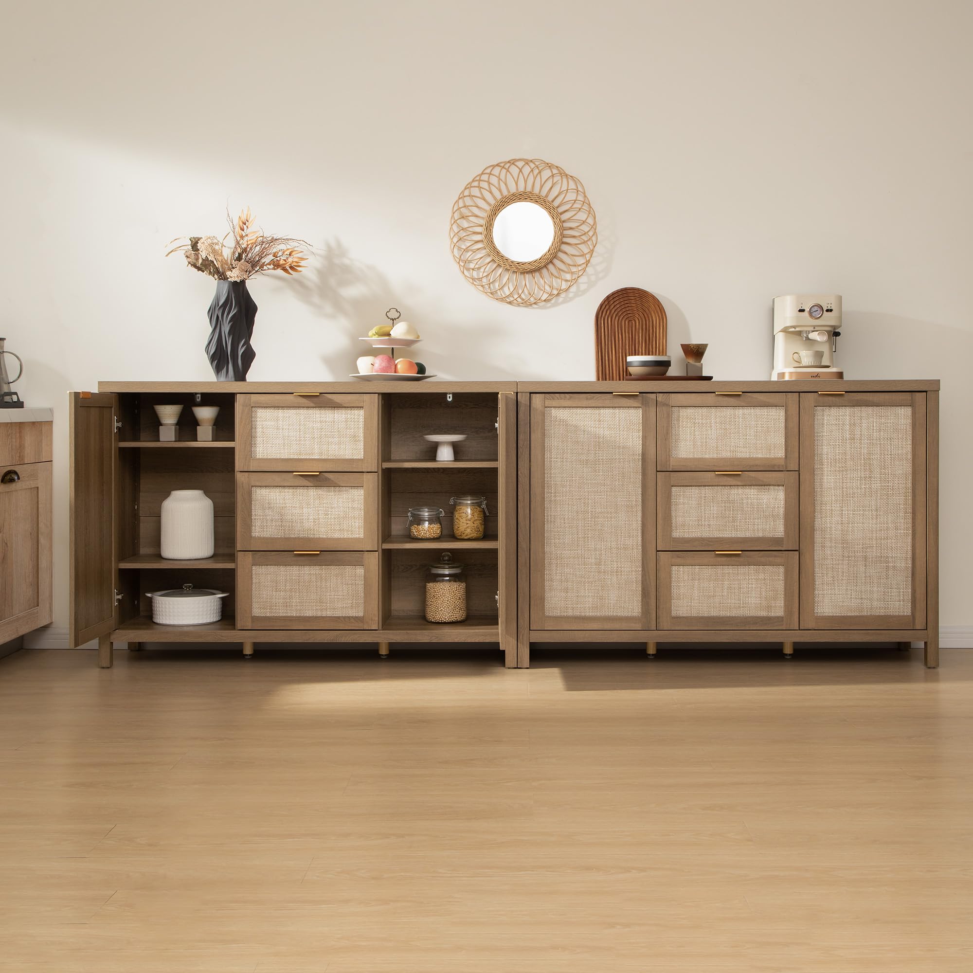52" Rattan Sideboard Buffet Cabinet with 3 Drawers & 2 Doors, Boho Storage Console for Kitchen, Oak