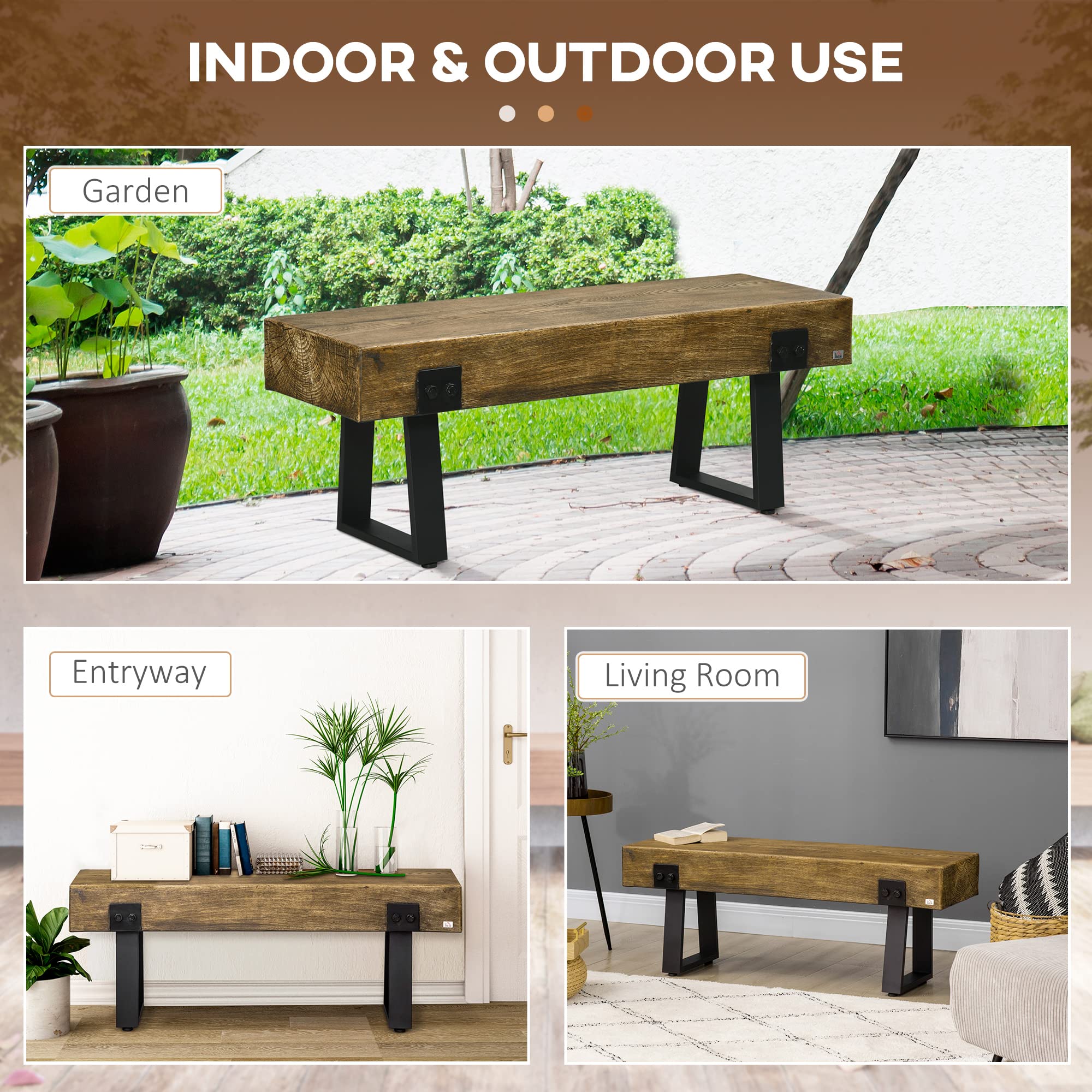 Rustic Wood Effect Concrete Bench with Metal Legs, Garden Entryway Bench for Indoor Outdoor Use, Porch, Park