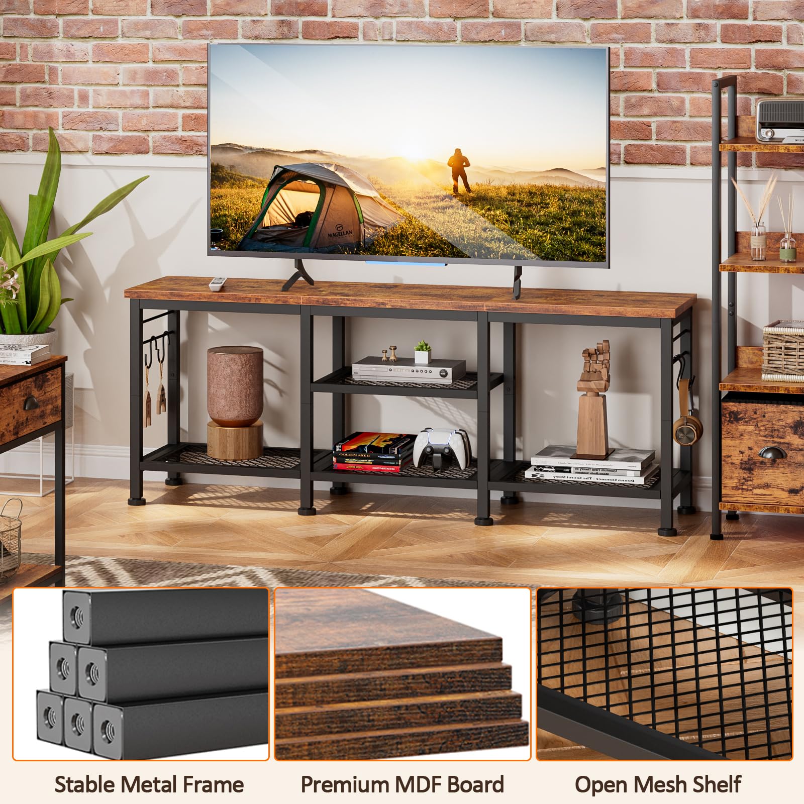 TV Stand for TVs up to 55" – Rustic Brown Media Console with Open Storage Shelves & Soundbar Shelf for Living Room or Bedroom