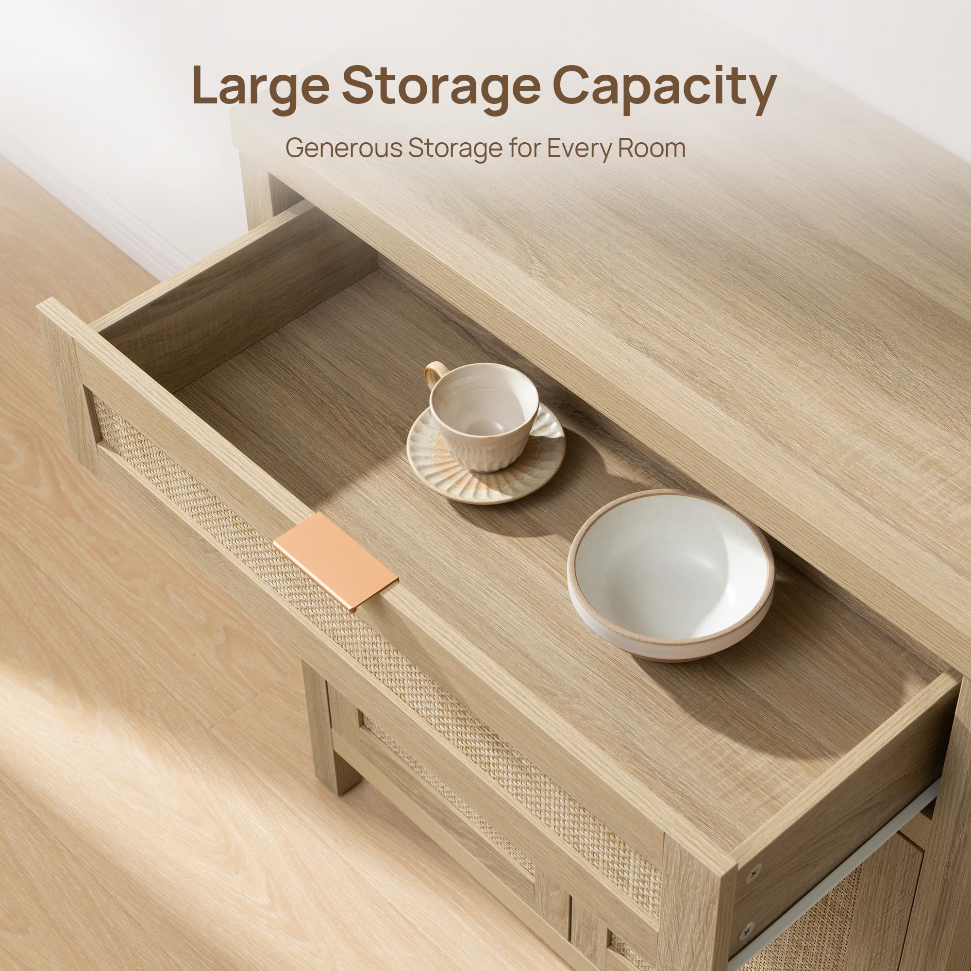 Sideboard Buffet Storage Cabinet Set of 2, Natural Rattan Credenza Console with Drawer & Doors, Coffee Bar for Living Room