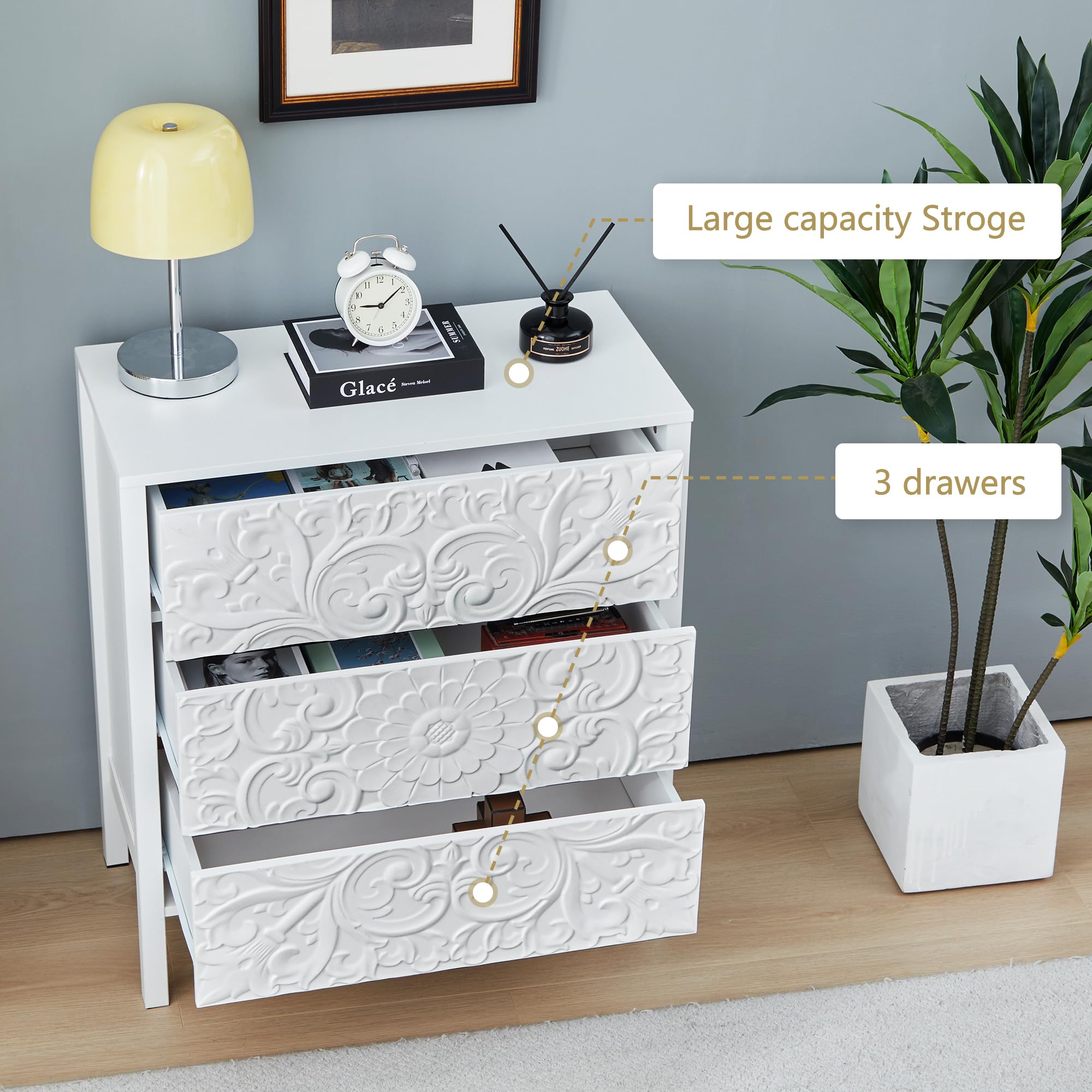 White 3-Drawer Wide Dresser, Carved Nightstand Cabinet with Storage for Bedroom, Hallway, Entryway, Office