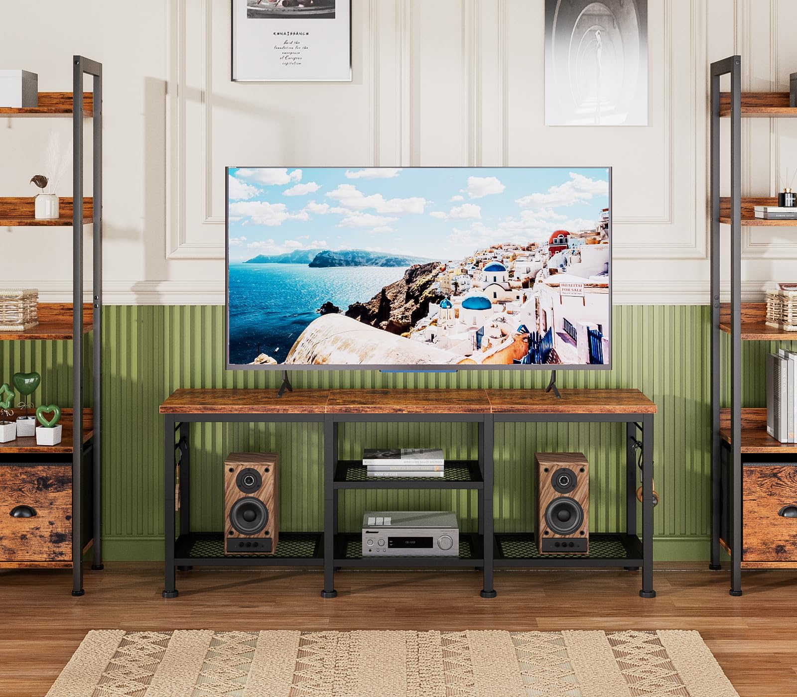 TV Stand for TVs up to 55" – Rustic Brown Media Console with Open Storage Shelves & Soundbar Shelf for Living Room or Bedroom