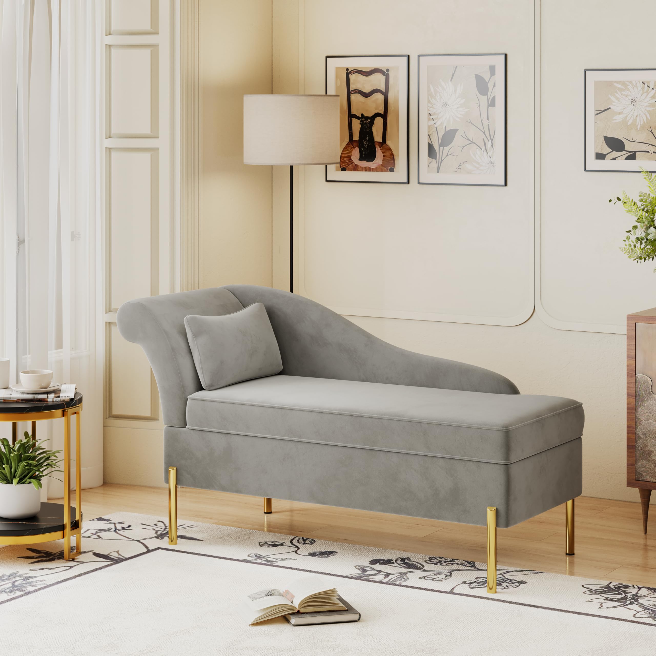 Velvet Chaise Lounge with Storage, Modern Upholstered Tufted Chaise Lounge Chair Indoor Sofa Recliner Couch for Bedroom Office Living Room - Velvet Light Grey (Left Armrest)