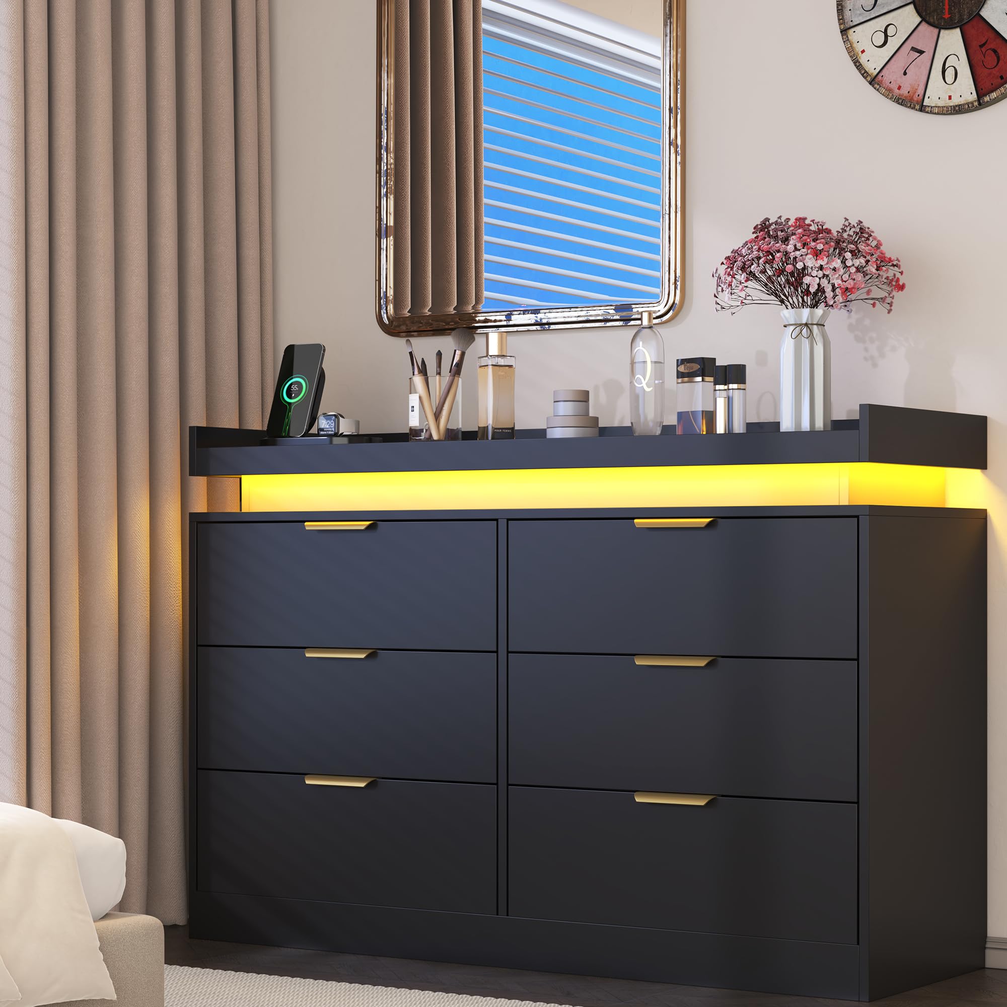 6-Drawer Black Dresser – LED Lights & Power Outlet, Modern Wide Storage Organizer for Bedroom, Entryway or Closet