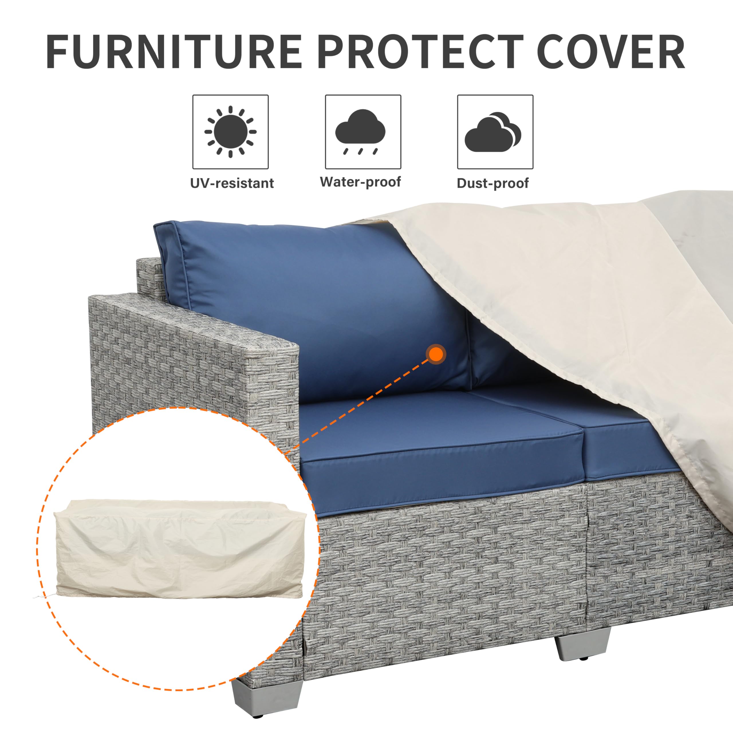 Outdoor 3-Seater Wicker Patio Sofa, Grey Rattan Couch with Deep Seat and Navy Blue Cushions for Porch