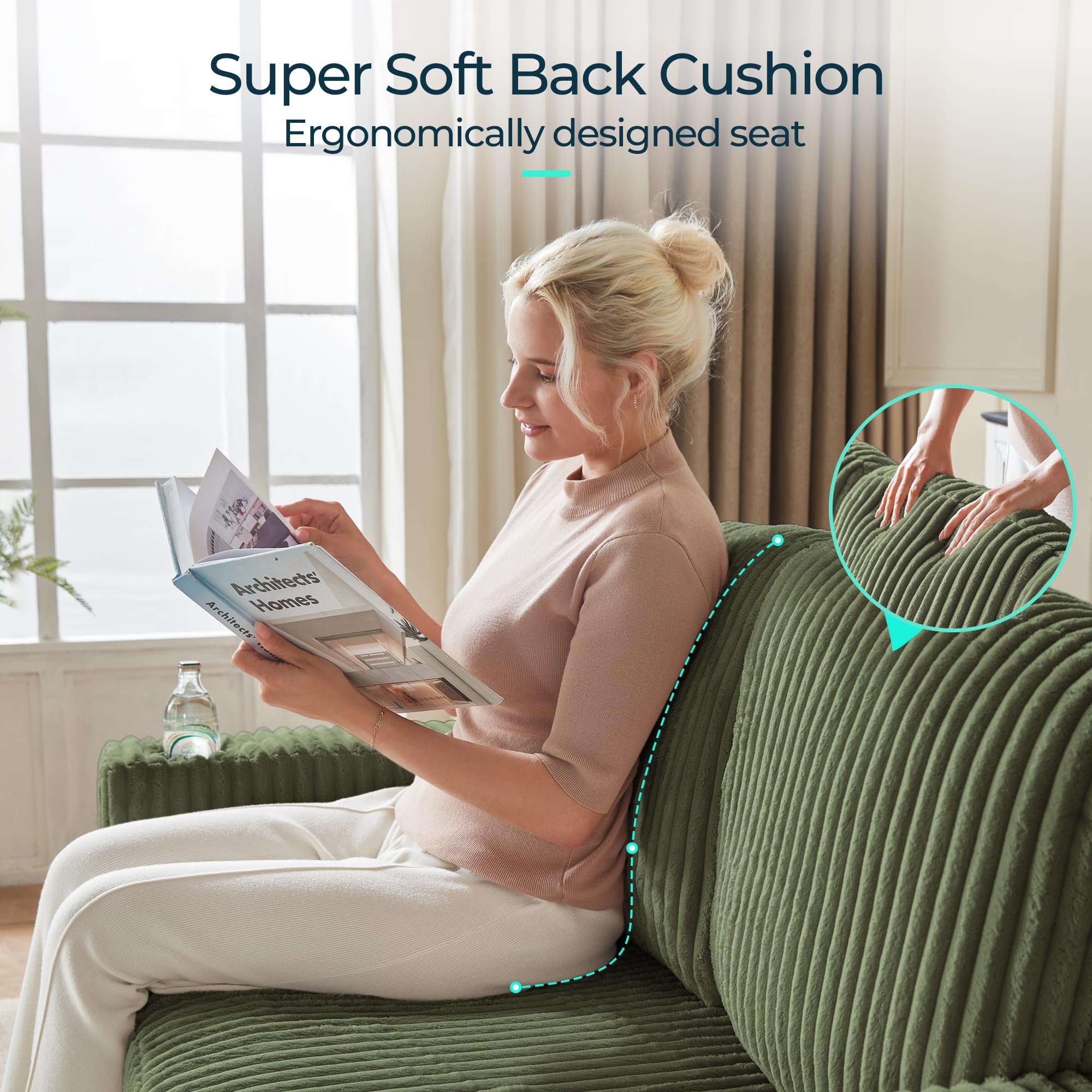 Pull Out Loveseat Sofa – Green Convertible Couch Chaise with USB Ports & Cup Holders, Plush Corduroy Sofa for Small Spaces