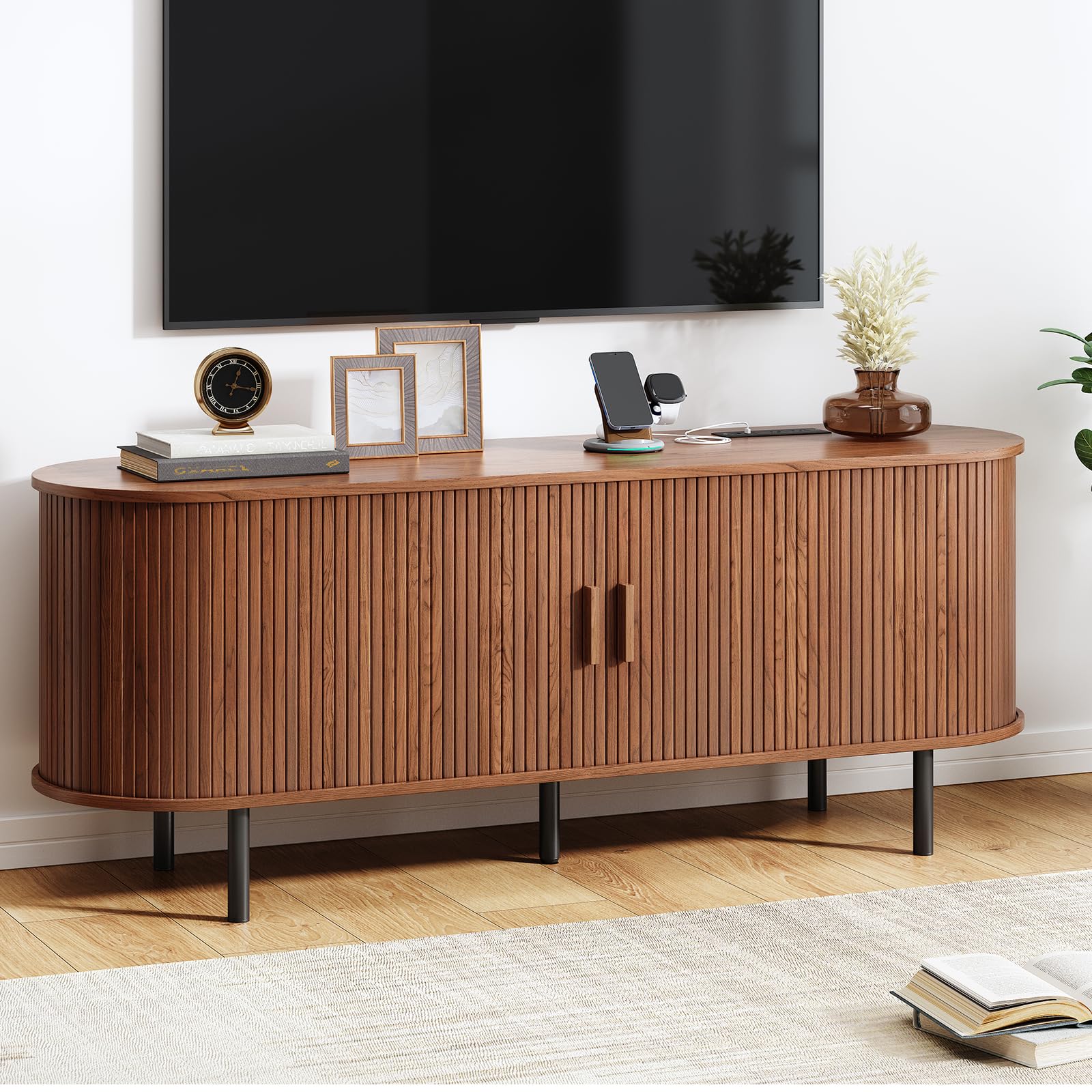 60" TV Stand with Power Outlet – Mid-Century Modern Entertainment Console with Sliding Doors & Adjustable Shelves, Walnut