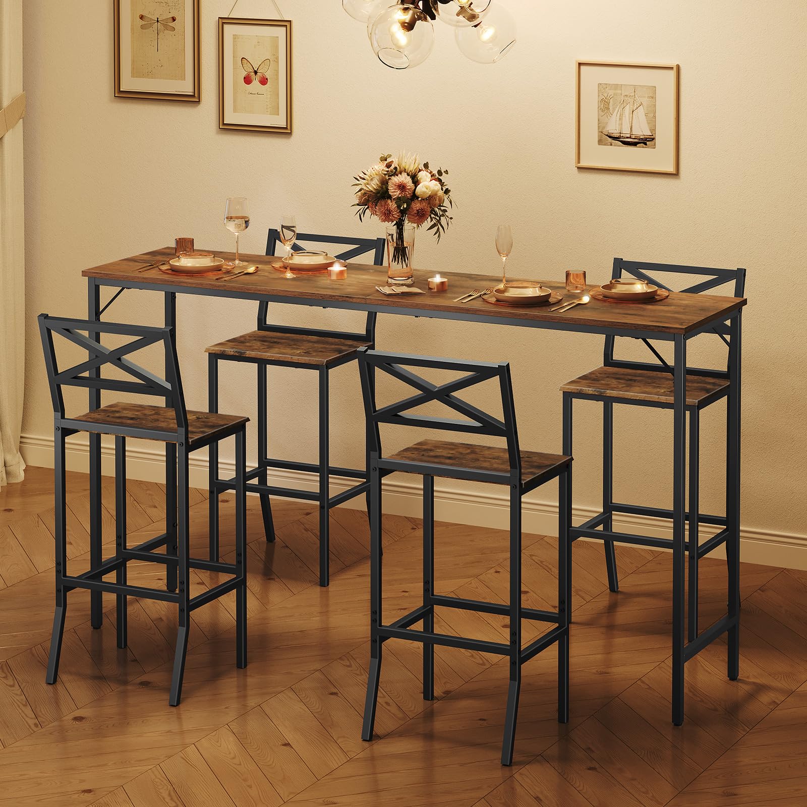 Bar Stools Set of 2, 26" Counter Height Chairs with Backrest & Footrest, Easy Assembly Kitchen Breakfast Bar Chairs, Rustic Brown