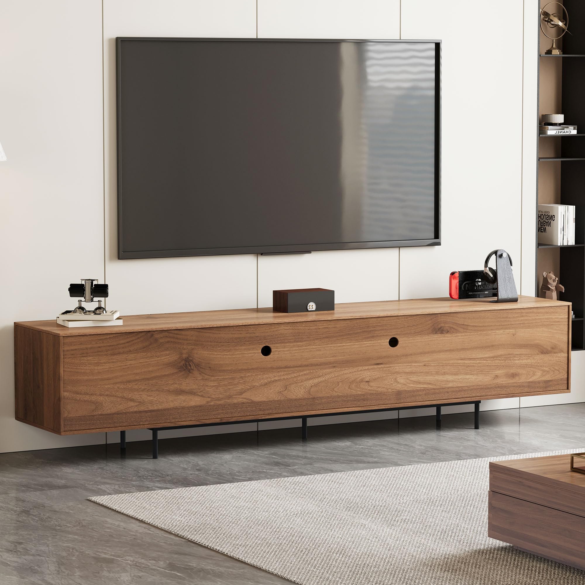 Modern Walnut TV Stand – 70.87” Long Console with Grille Doors & Storage Drawers for Bedroom or Living Room