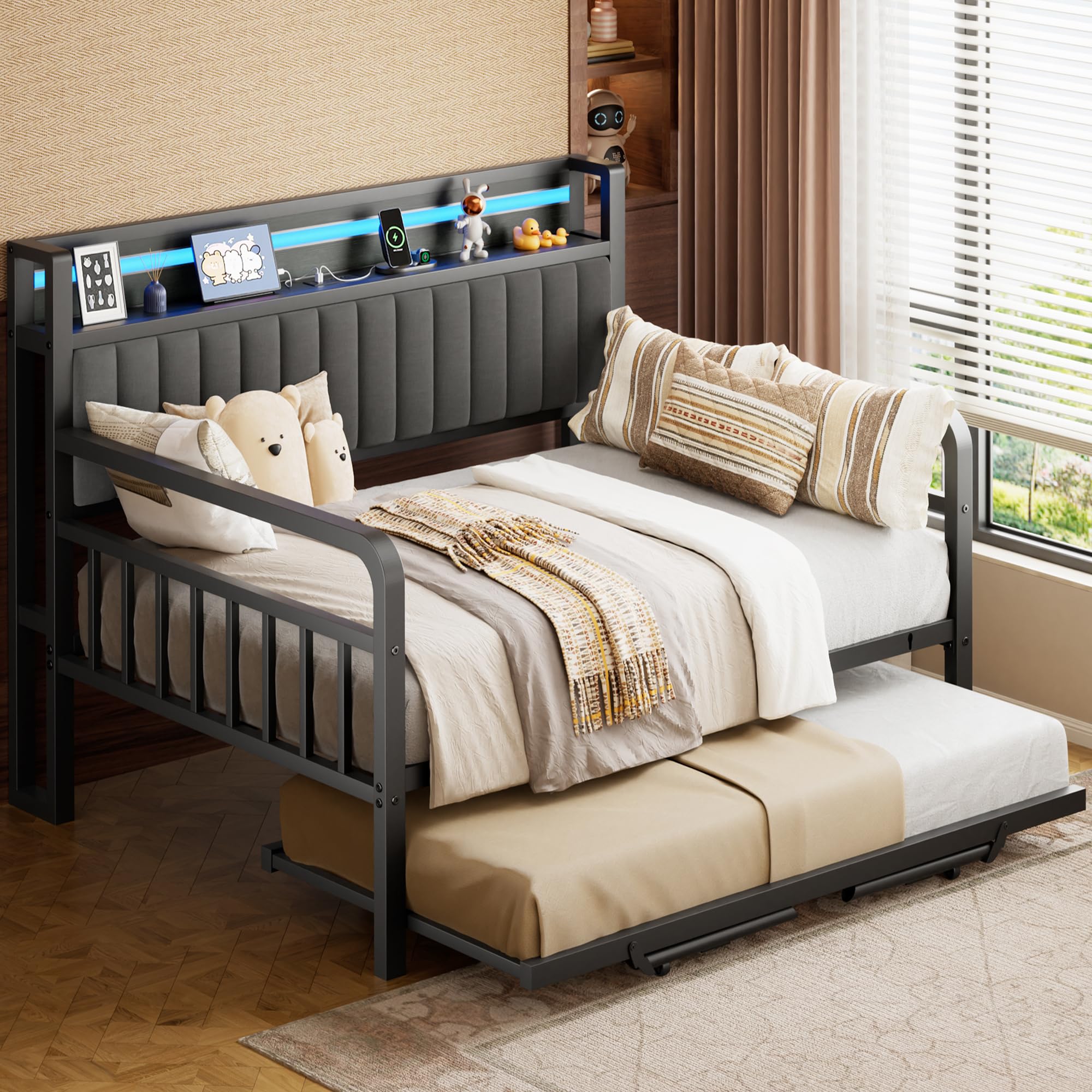 Pop-Up Trundle Daybed – Black Metal Full Frame with Storage Headboard, LED Lights & Charging Station for Guest Room