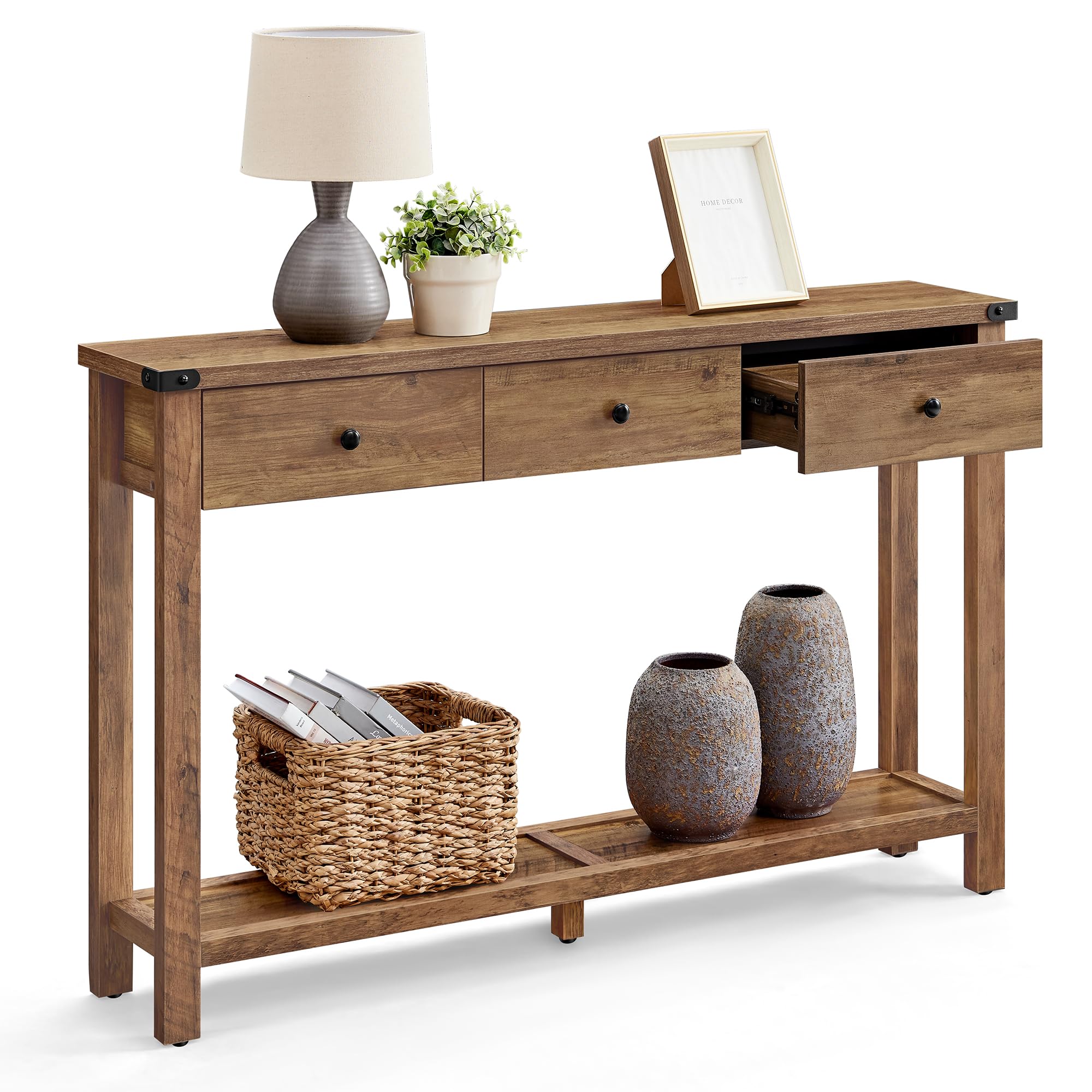 Narrow Entryway Console Table with 3 Drawers, Open Shelf & Metal Corners, Farmhouse Style Sofa Table, Honey Brown