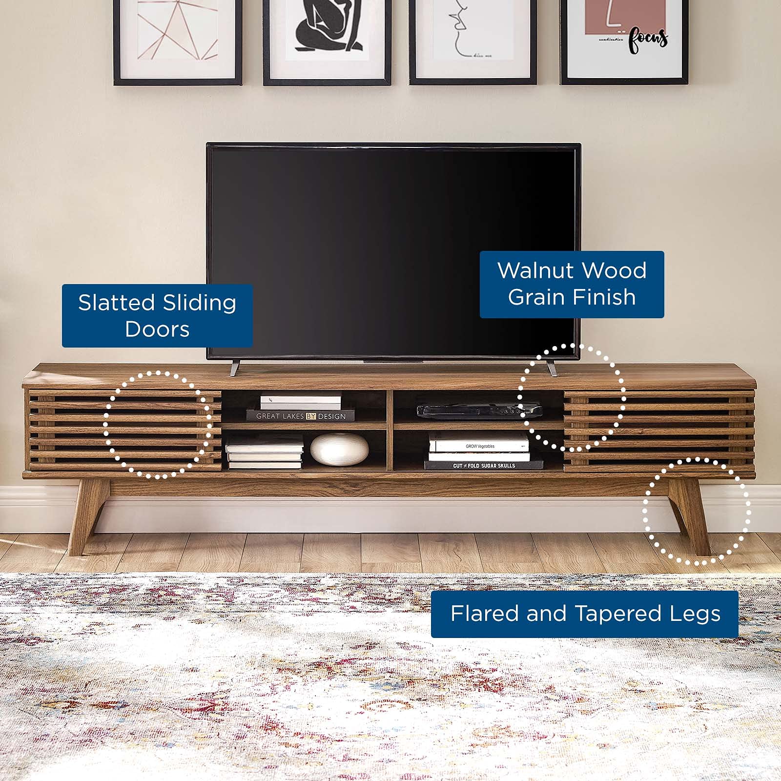 70" Render TV Stand – Walnut Finish Mid-Century Modern Low Profile Console for Living Room Media Setup