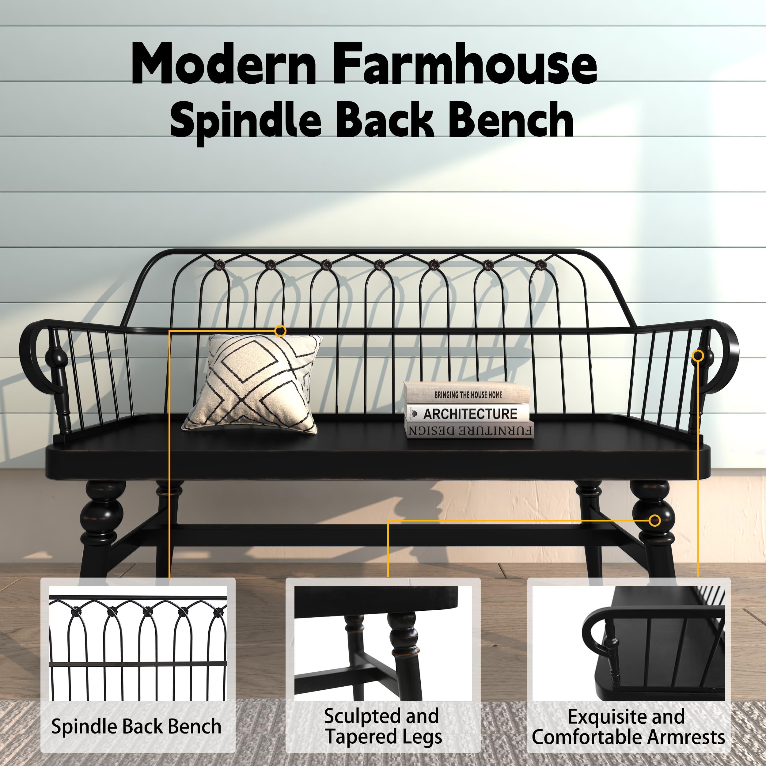 Farmhouse Spindle Back Entryway Bench, Wooden Dining Bench for Living Room, Mudroom, Hallway