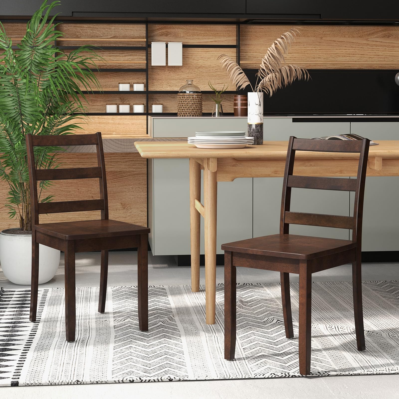 Set of 4 Walnut Wood Dining Chairs, Armless Ladder Back Kitchen Chairs with Solid Legs, 400 lb Capacity
