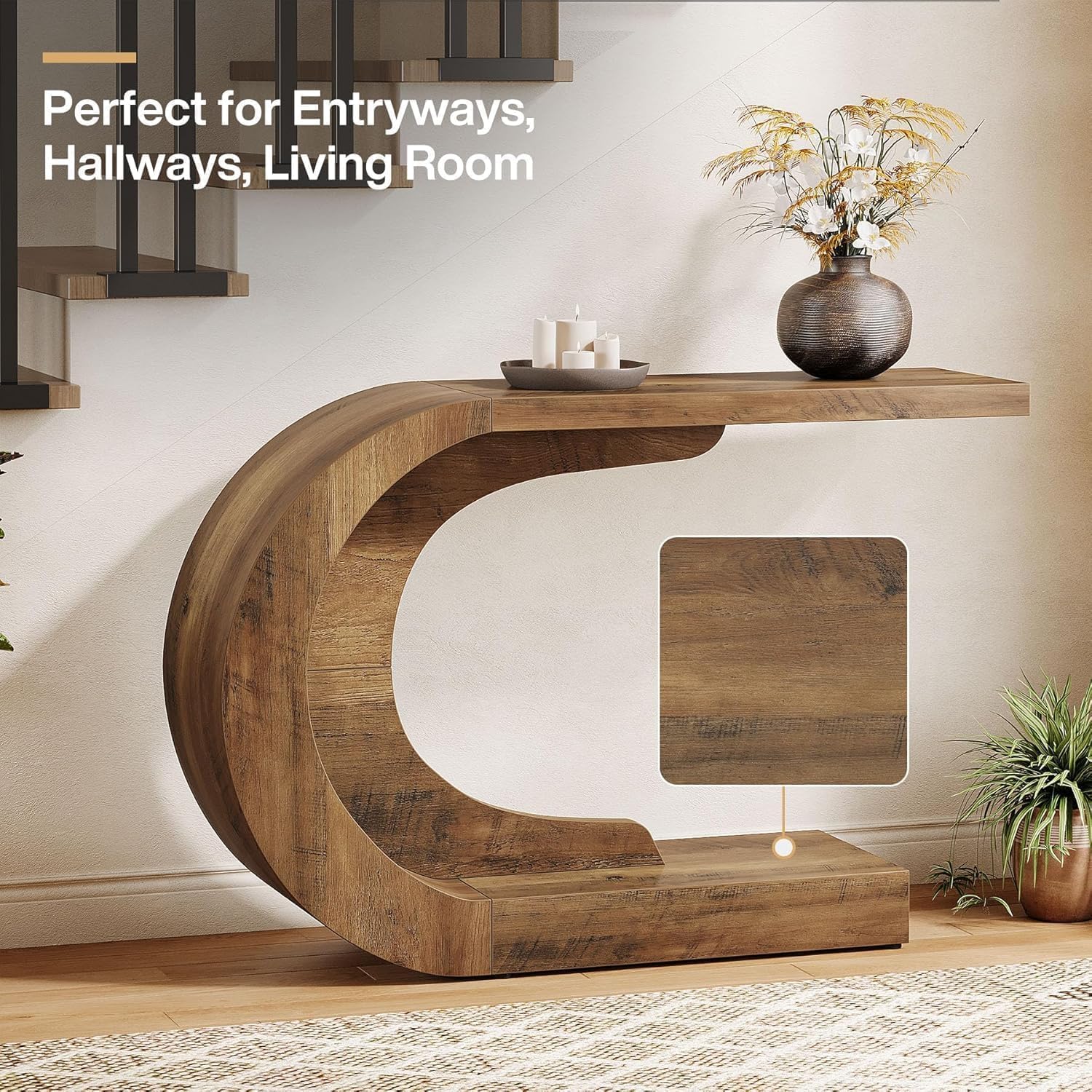 43.3" Mid-Century Modern Entryway Console Table, Wooden C-Shape Accent Table for Living Room, Hallway, Foyer