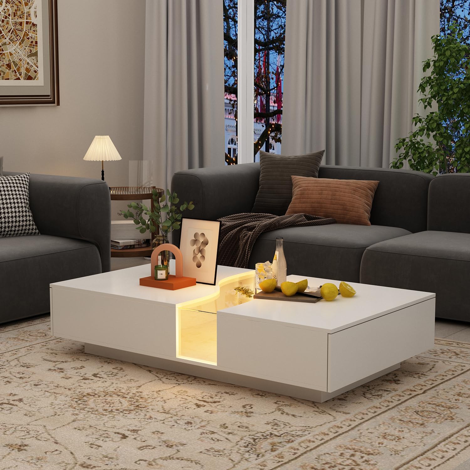 Modern LED Coffee Table with 2 Drawers, Tempered Glass Top & Remote Control, White Rectangle Center Table, 55.1”