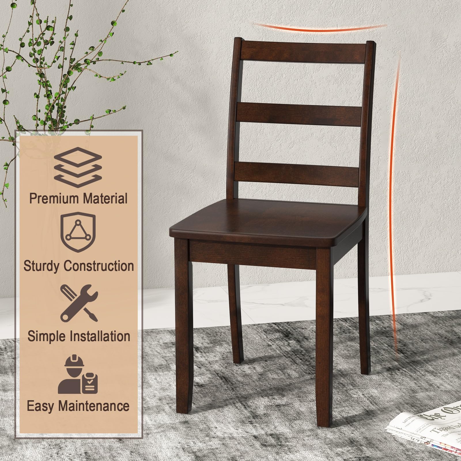 Set of 4 Walnut Wood Dining Chairs, Armless Ladder Back Kitchen Chairs with Solid Legs, 400 lb Capacity