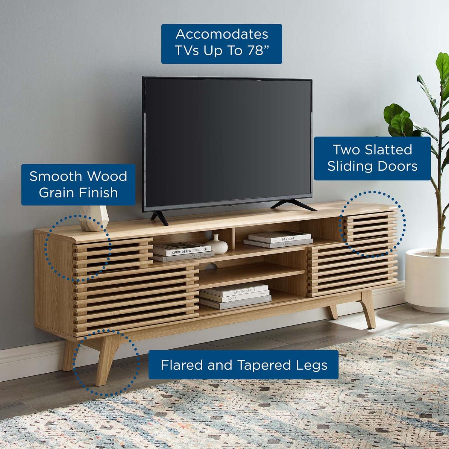 71" Mid-Century TV Stand – Low Profile Oak Wood Media Console with Open Storage for Living Room