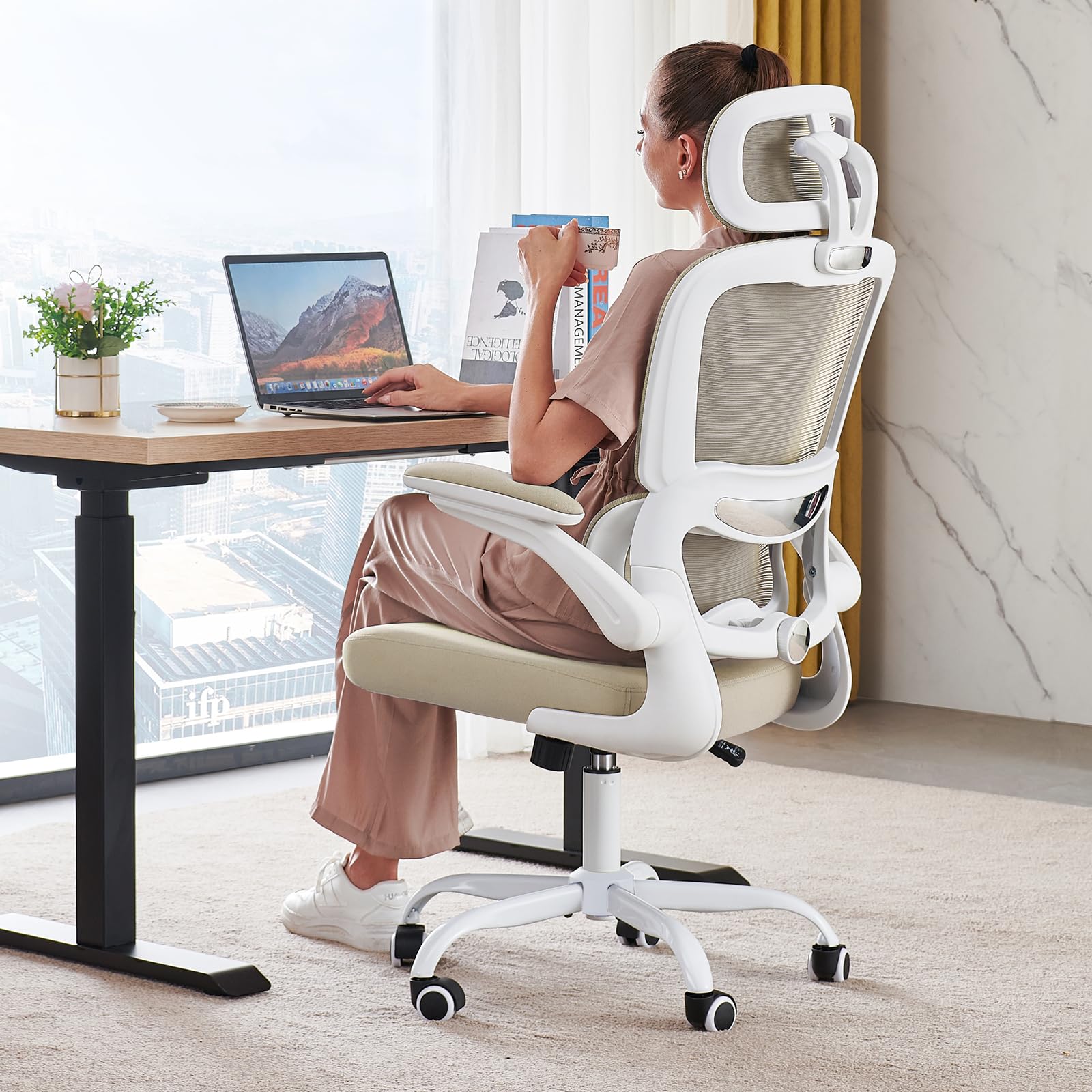 330 LBS Ergonomic Mesh Office Chair, High-Back Desk Chair with Wheels for Long Hours Work, Beige