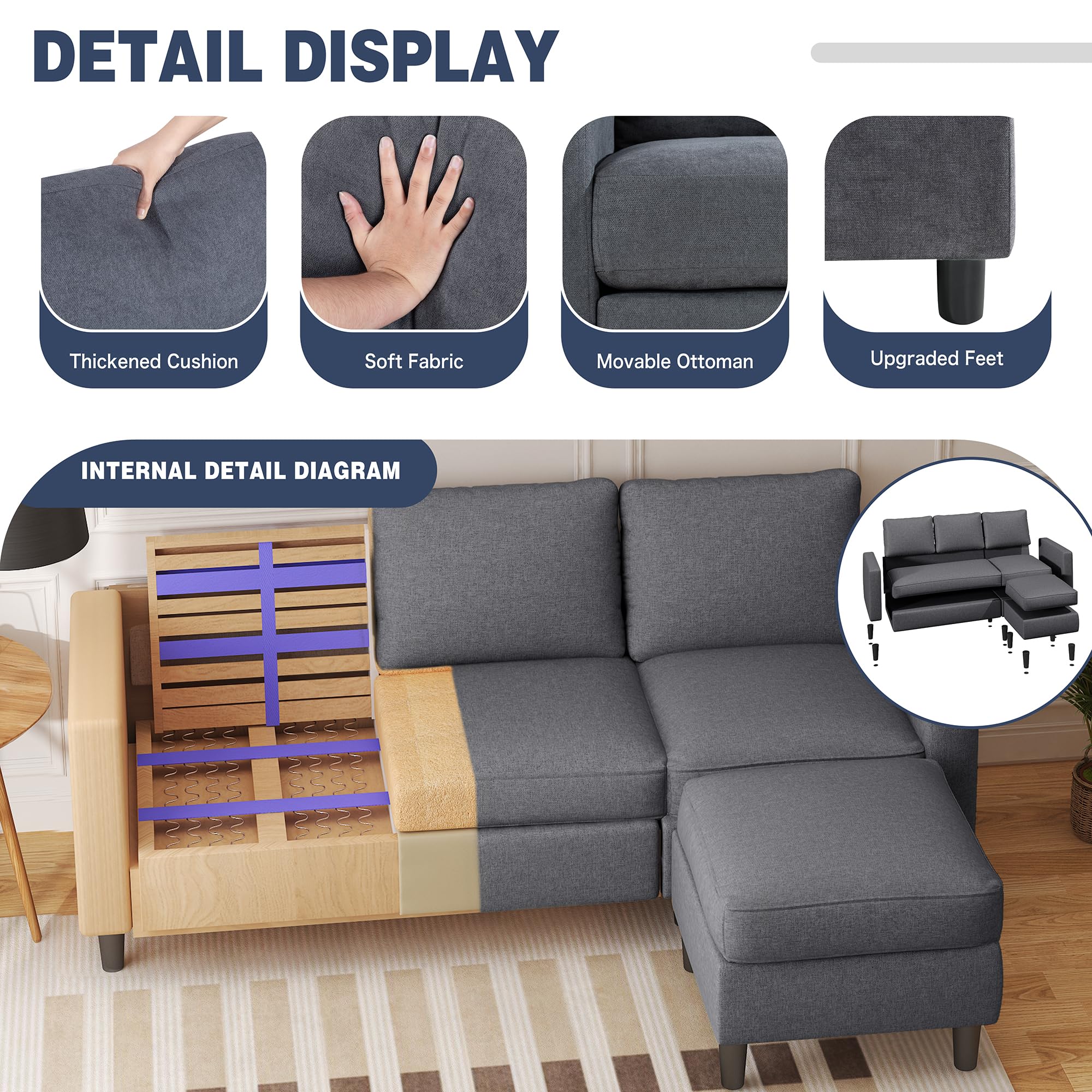 Small Dark Grey Sectional Sofa with Ottoman, Fabric Upholstered 3-Seater Convertible Couch for Apartment, Office