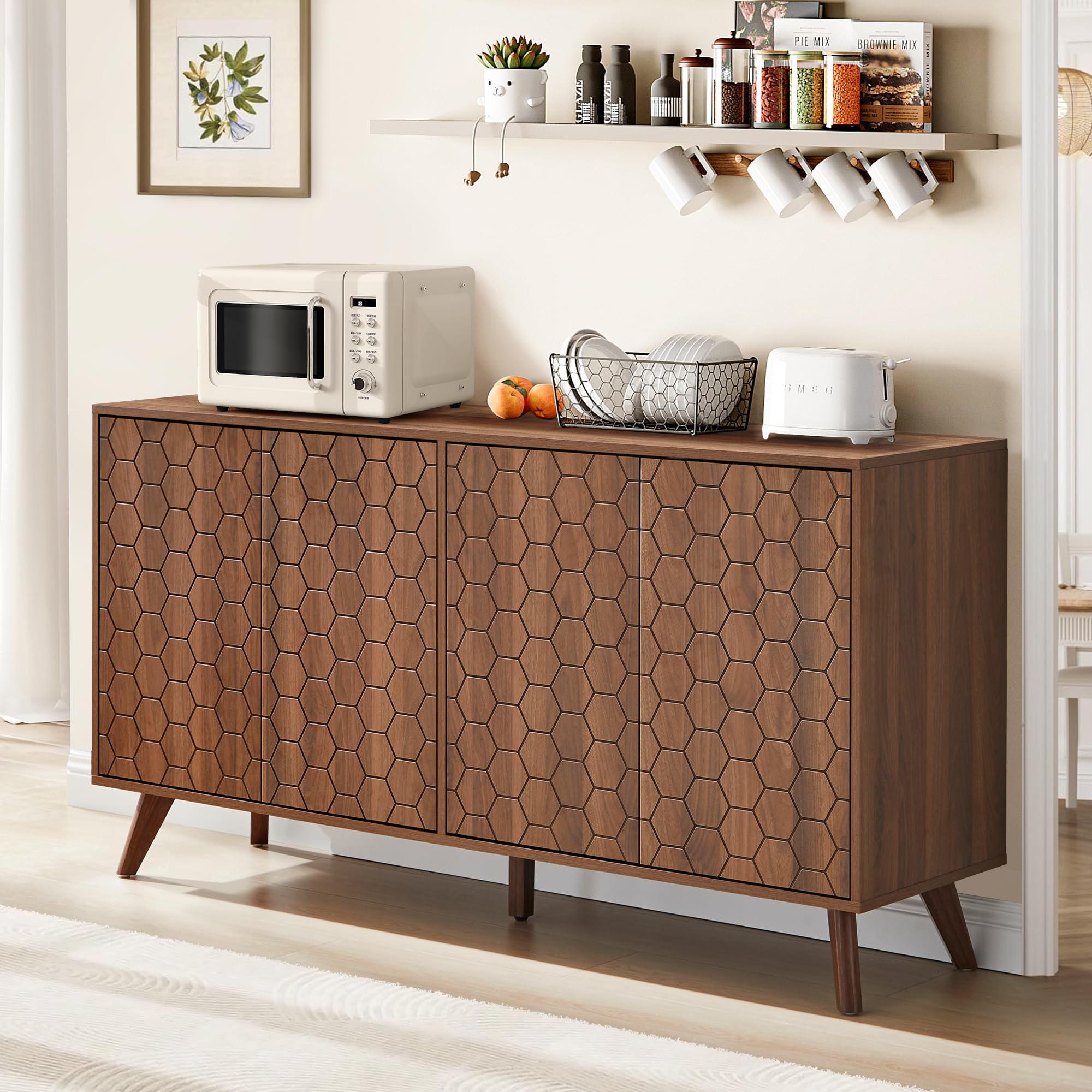 FURNIXI 58'' Large Mid-Century Sideboard Buffet Cabinet, Wooden Credenza with 4 Doors & Shelves, TV Stand Coffee Bar Console