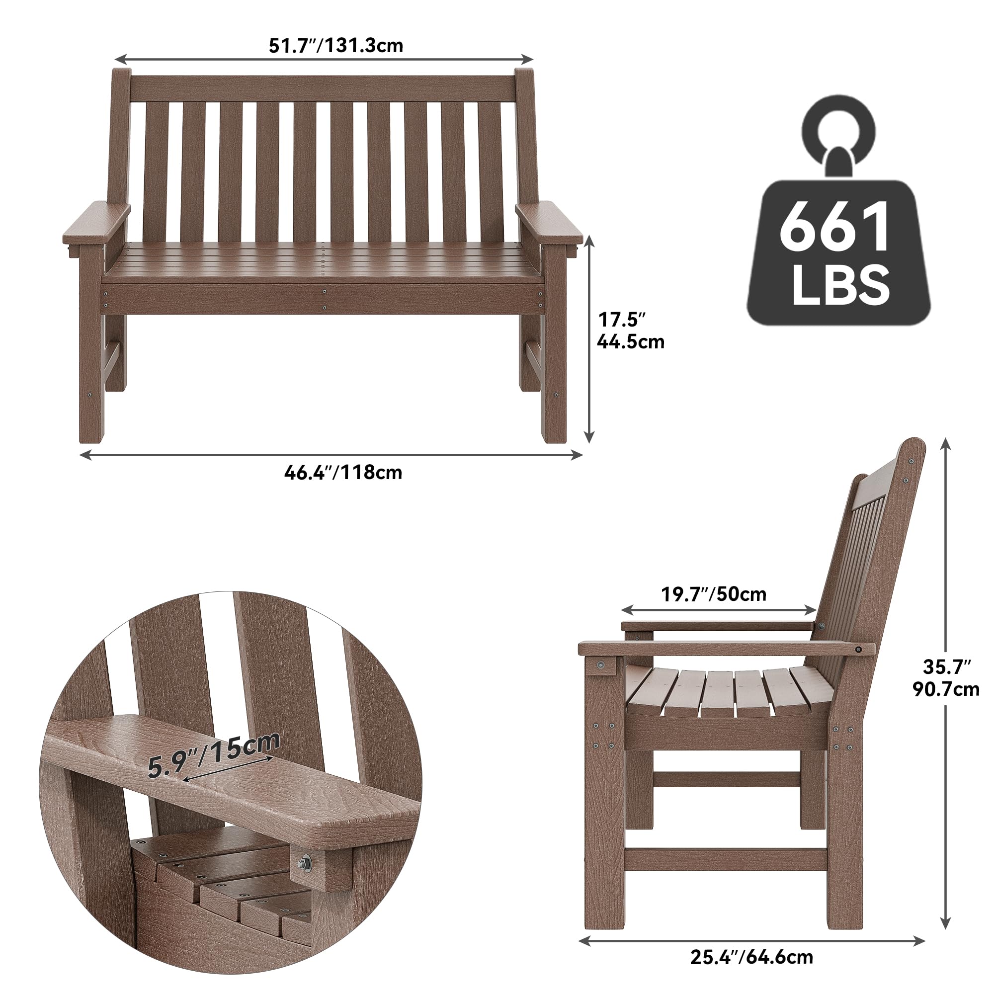 Brown HDPE Garden Bench, All-Weather Outdoor Seating, 2-3 Person Patio Bench Fade and Rot Resistant