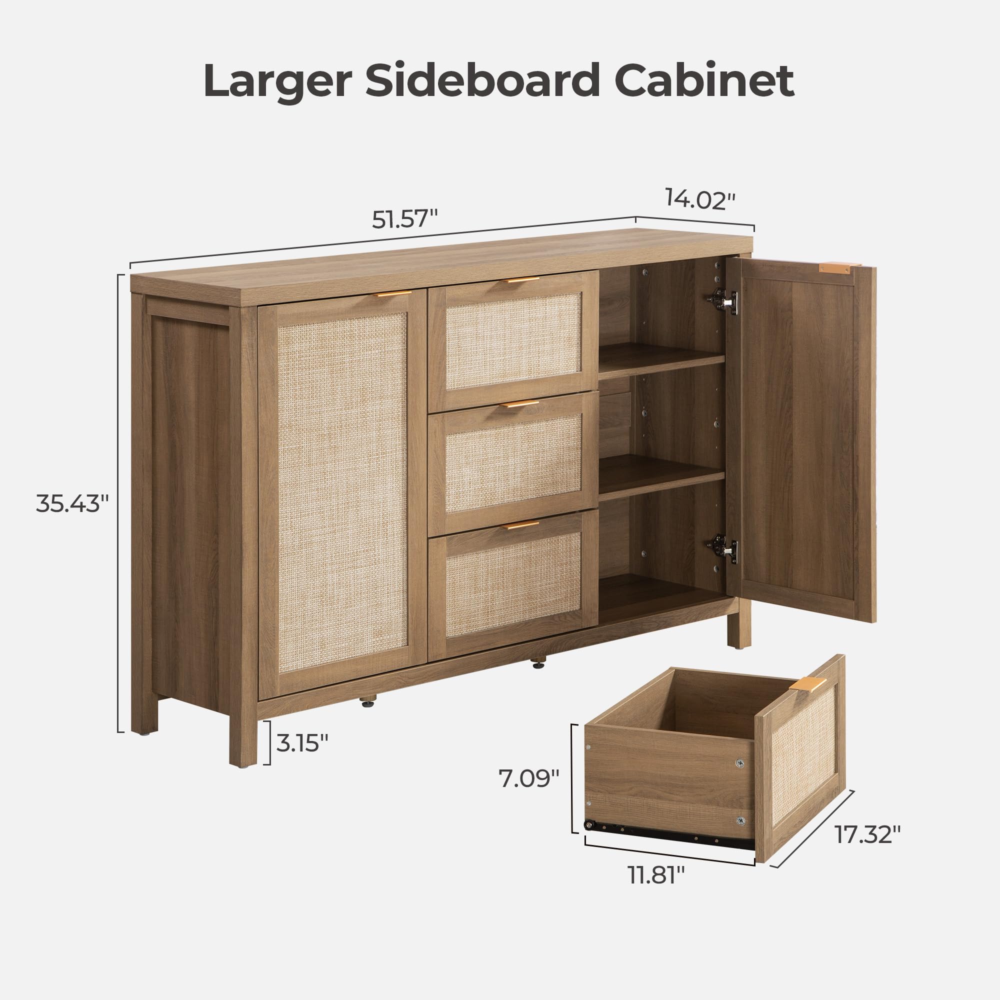52" Rattan Sideboard Buffet Cabinet with 3 Drawers & 2 Doors, Boho Storage Console for Kitchen, Oak