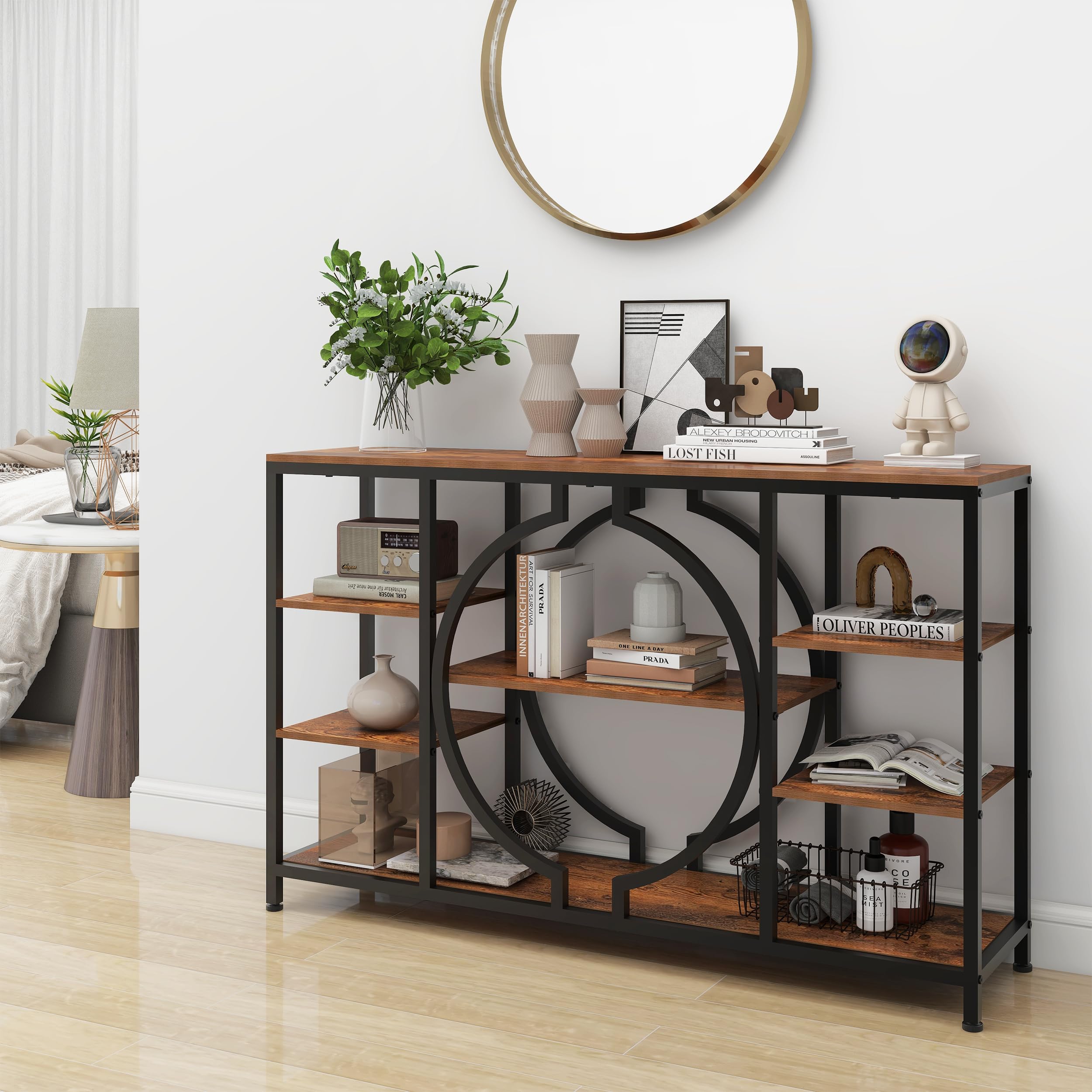 47" Industrial Console Table, Rustic Sofa Table with 4-Tier Wooden Shelves for Entryway, Hallway, Living Room