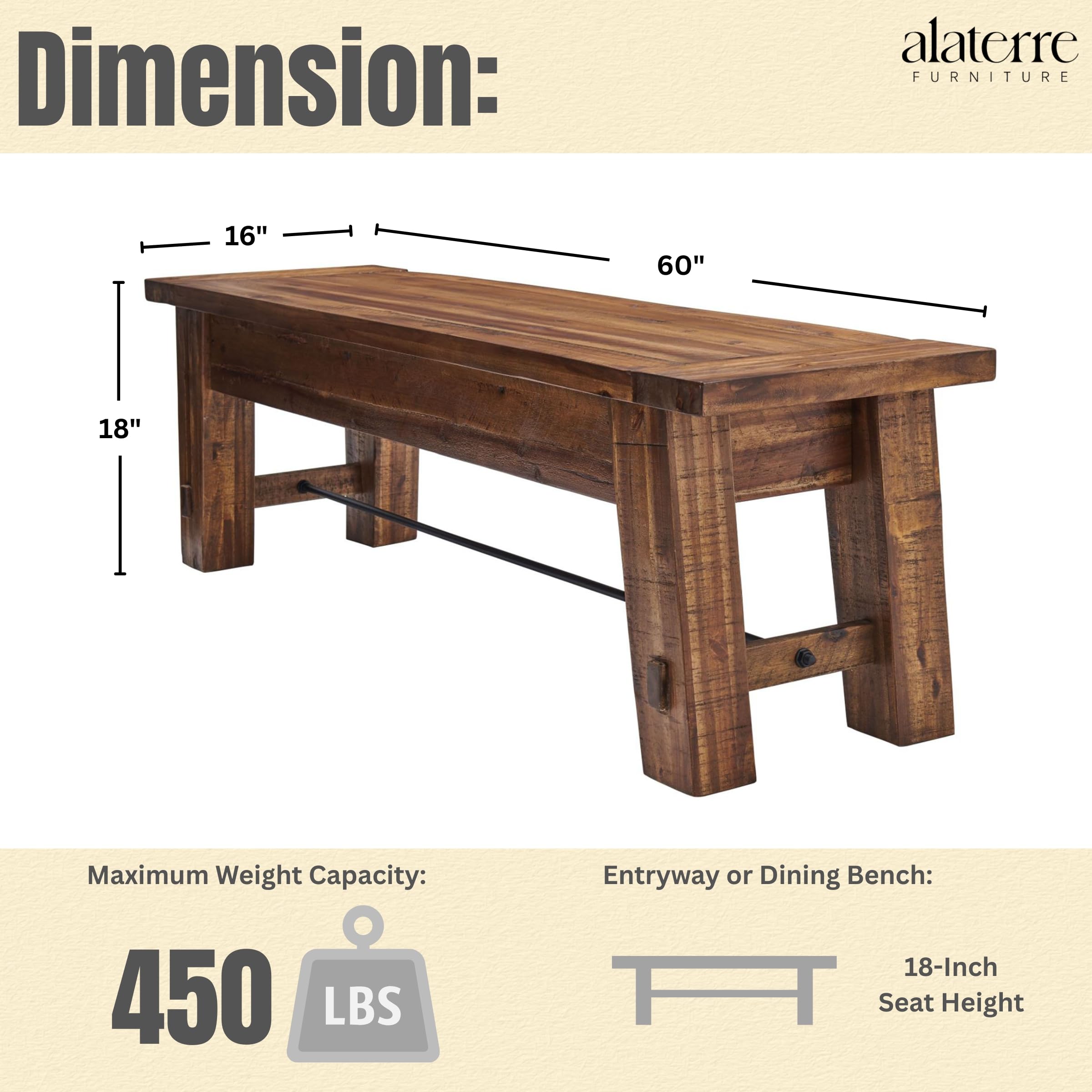 Durango 60" Rustic Farmhouse Wood Bench, Solid Wood Entryway Seating for Dining, Kitchen, Hallway