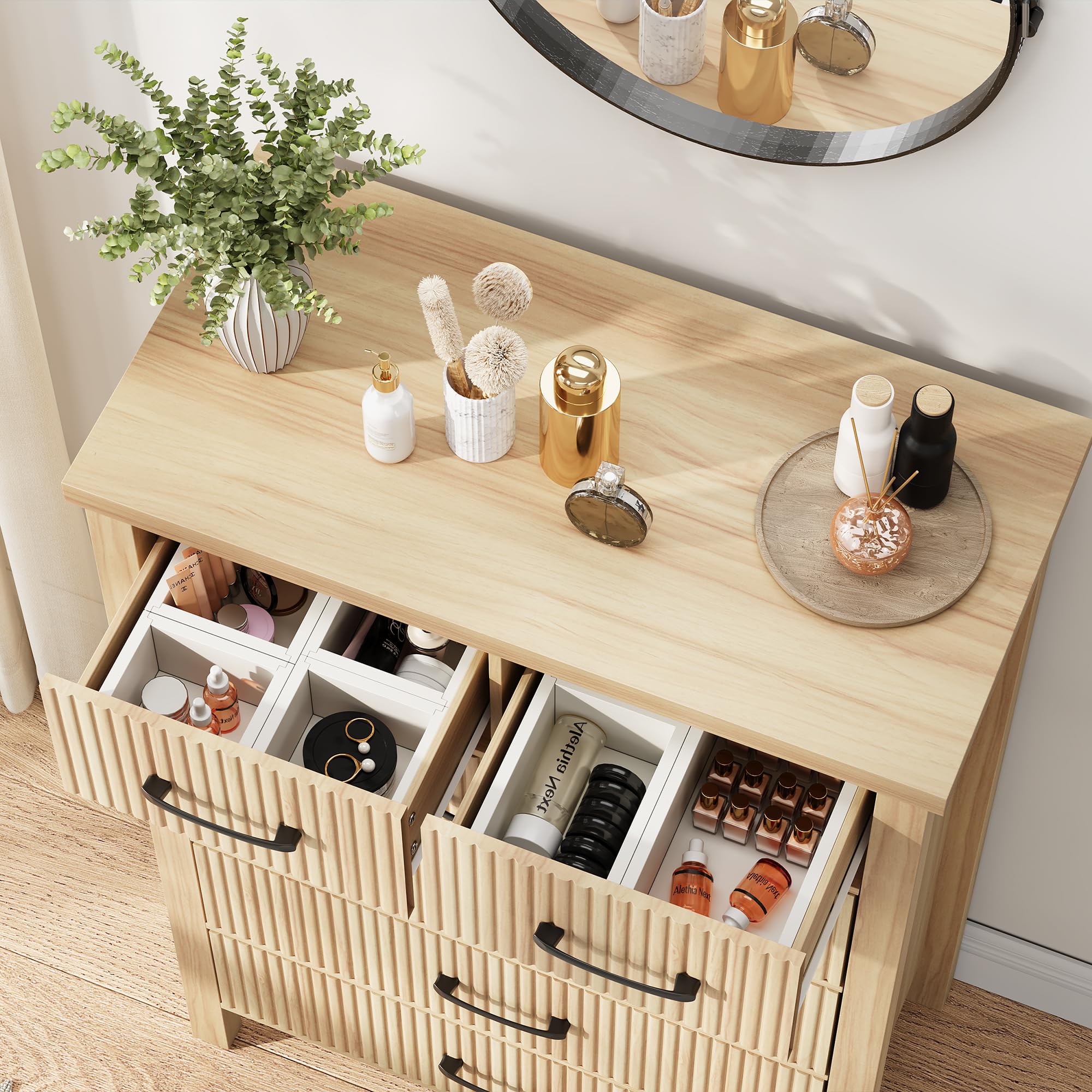 Fluted 6 Drawer Boho Dresser, Tall Wooden Chest for Bedroom Storage with Metal Handles, Natural Oak Finish
