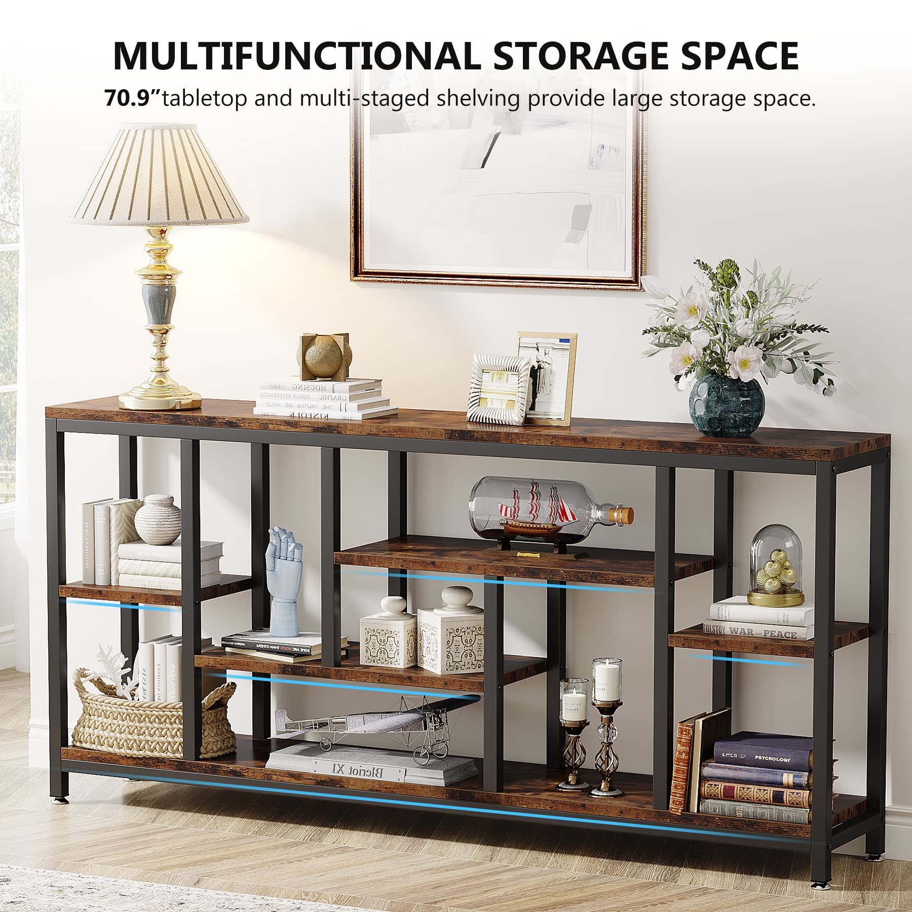 70.9" Industrial Console Table, 3-Tier Extra Long Sofa Table with Storage for Hallway, Living Room, Rustic Brown