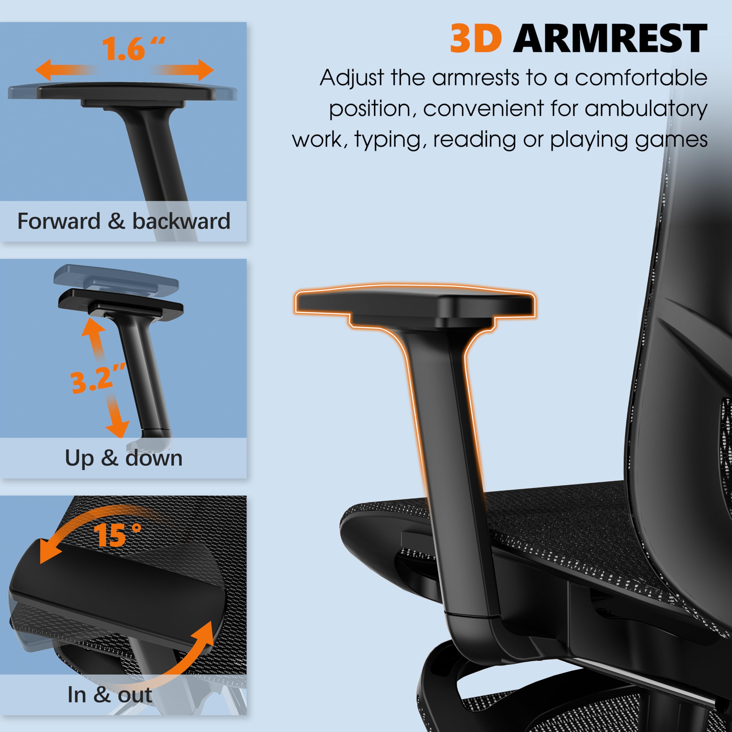 Reclining Ergonomic Office Chair with Footrest, Adjustable Lumbar, 3D Arms & Headrest, 300LBS Swivel Chair