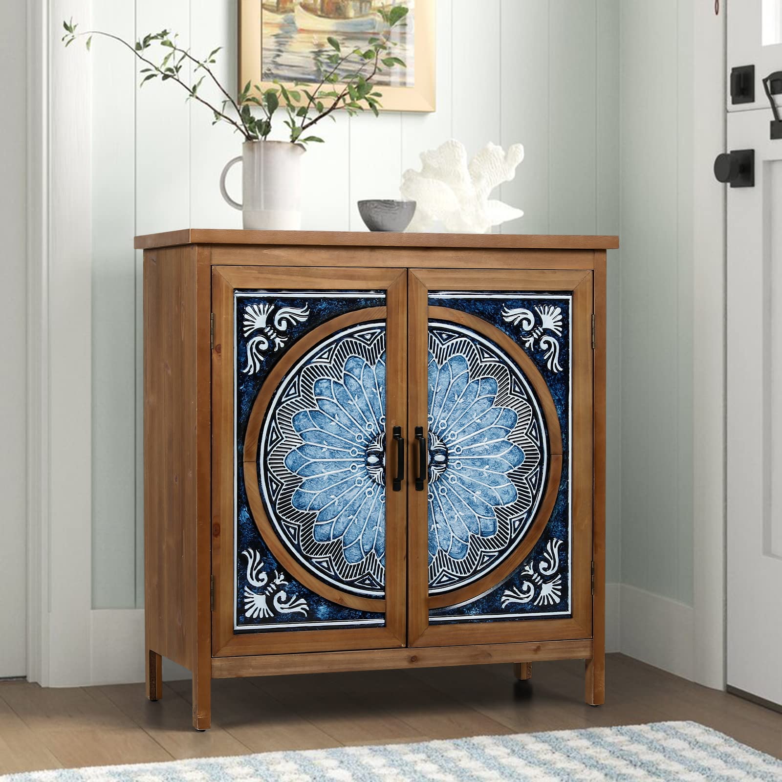 2-Door Distressed Accent Cabinet with Blue & White Porcelain Pattern, Rustic Entryway Storage for Living Room