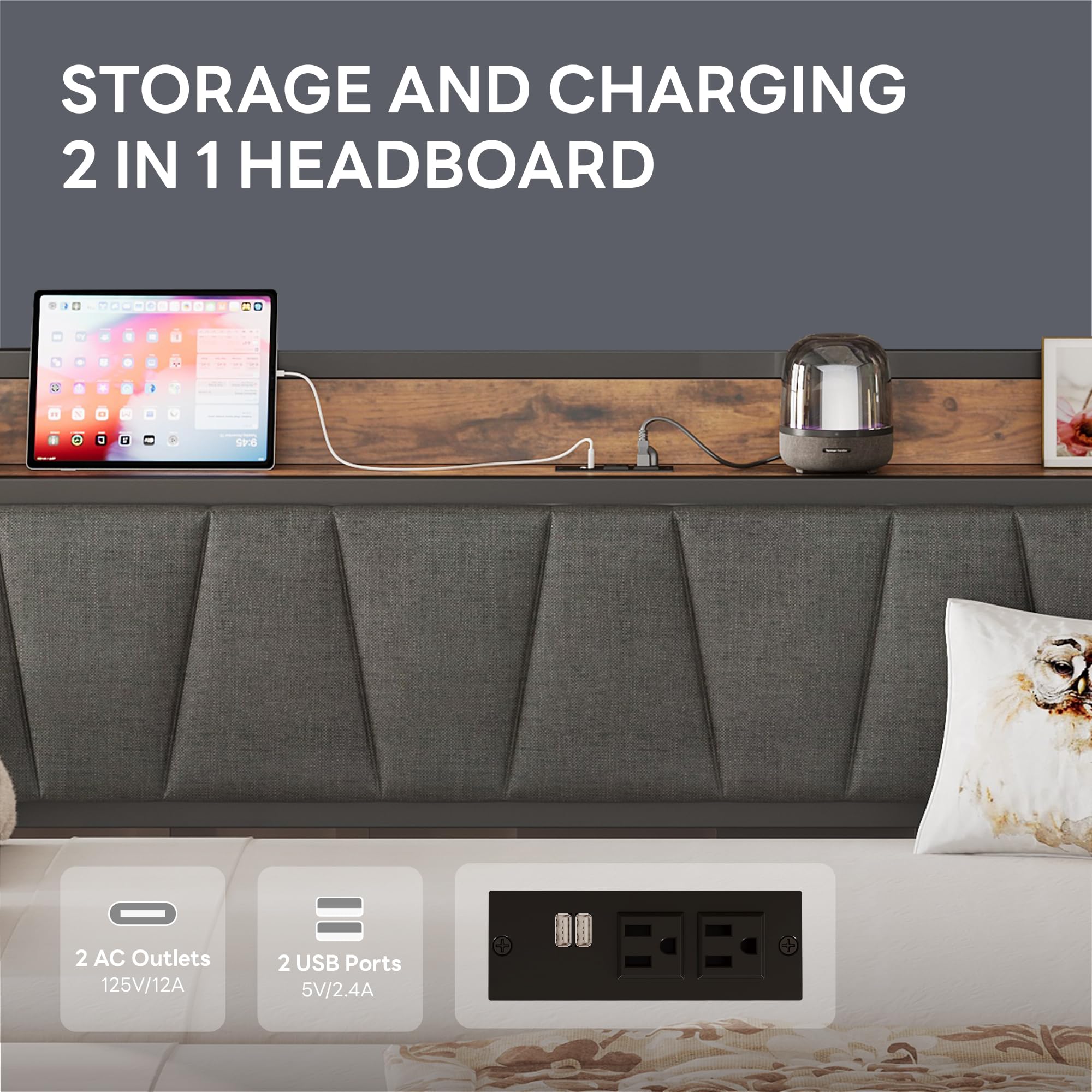 Grey Daybed with Trundle – Twin Sofa Bed with Storage Headboard & Charging Station for Bedroom or Guest Room