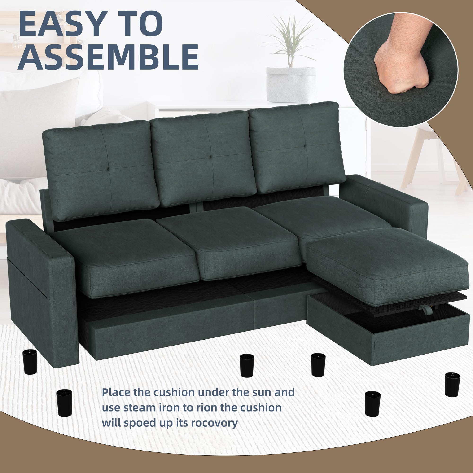 L-Shaped Convertible Sectional Sofa with Ottoman, Green 3-Seater Couch for Apartment, Office, Small Living Room