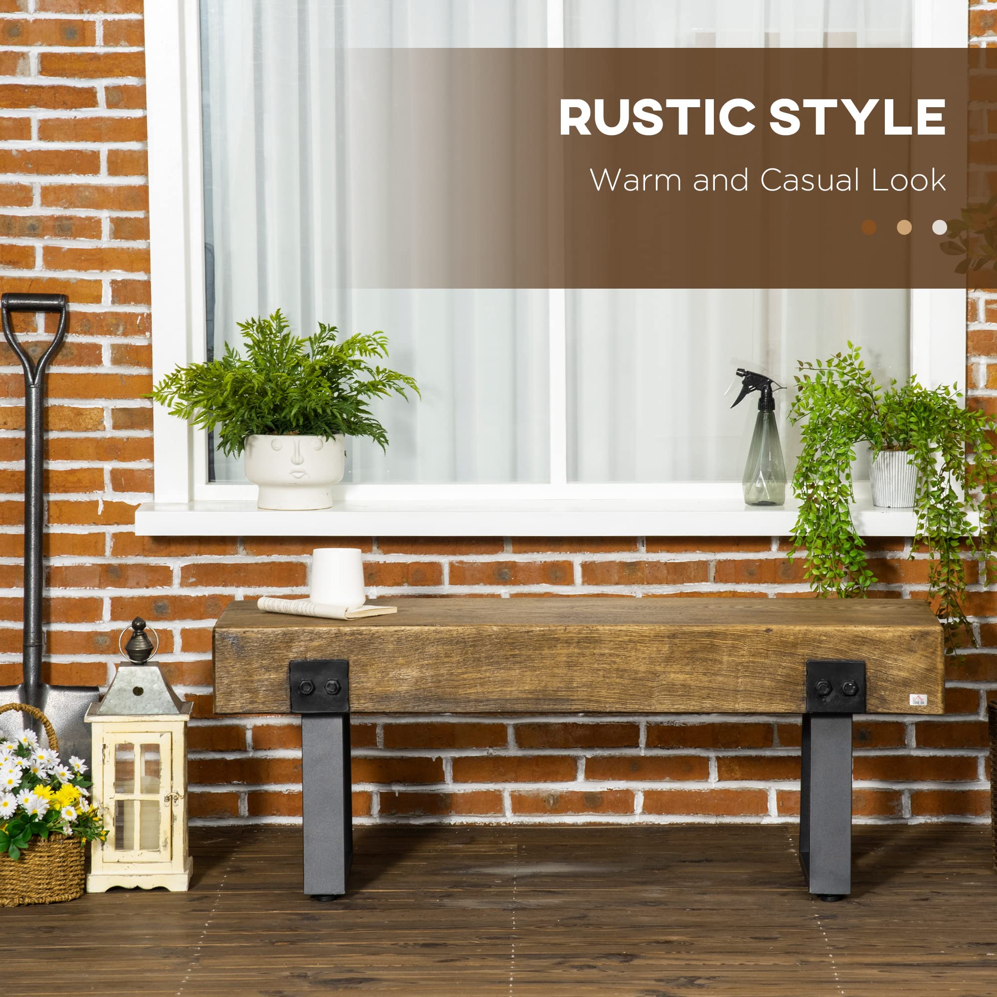 Rustic Wood Effect Concrete Bench with Metal Legs, Garden Entryway Bench for Indoor Outdoor Use, Porch, Park