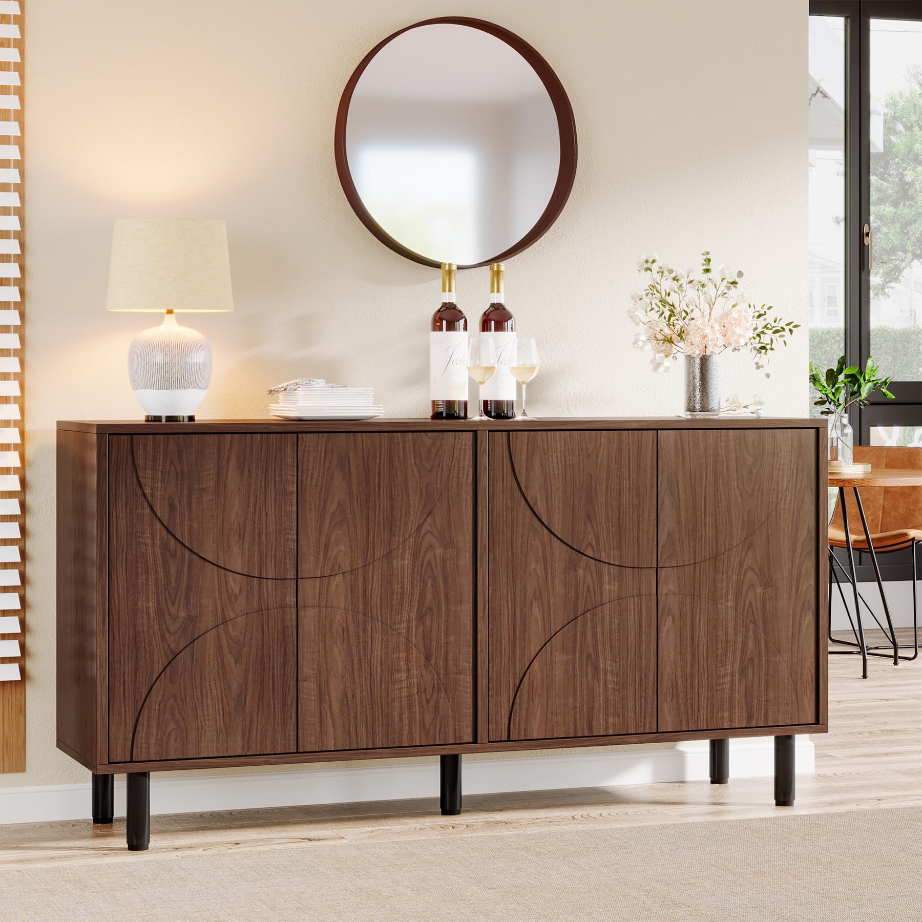 Sideboard Buffet Cabinet with Storage, 55" Mid-Century Credenza Cabinet with 4 Doors & Adjustable Shelves for Kitchen