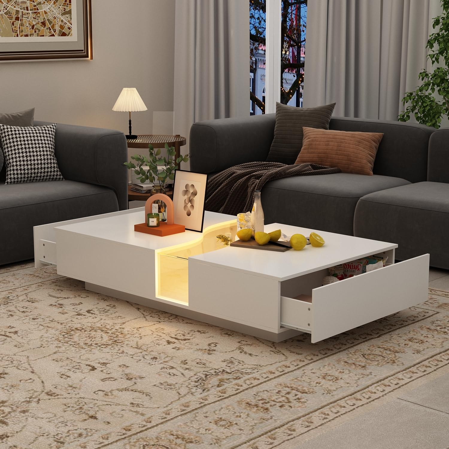Modern LED Coffee Table with 2 Drawers, Tempered Glass Top & Remote Control, White Rectangle Center Table, 55.1”