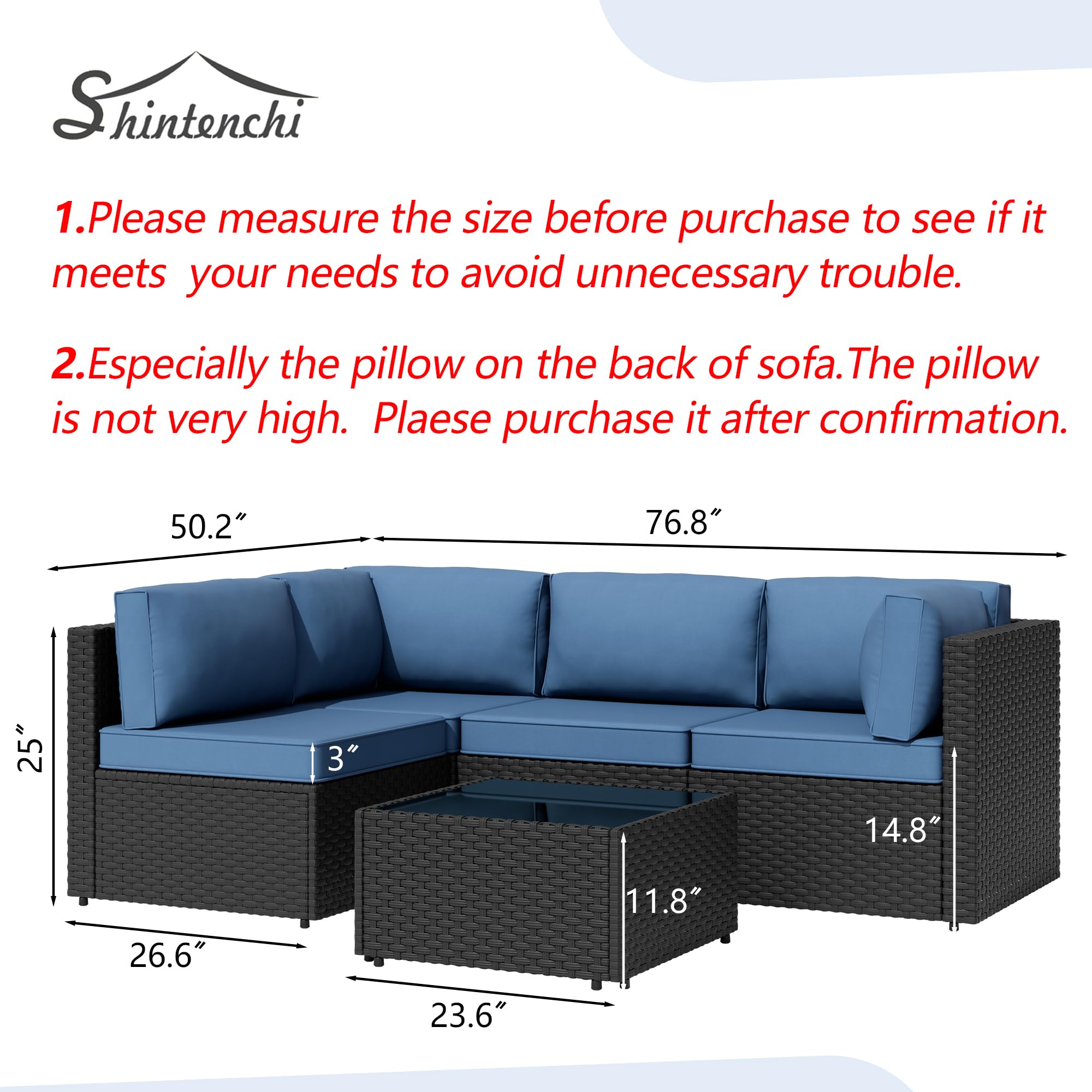 5-Piece Patio Sectional Sofa Set – Aegean Blue Wicker Furniture with Cushions & Glass Table for Backyard or Garden