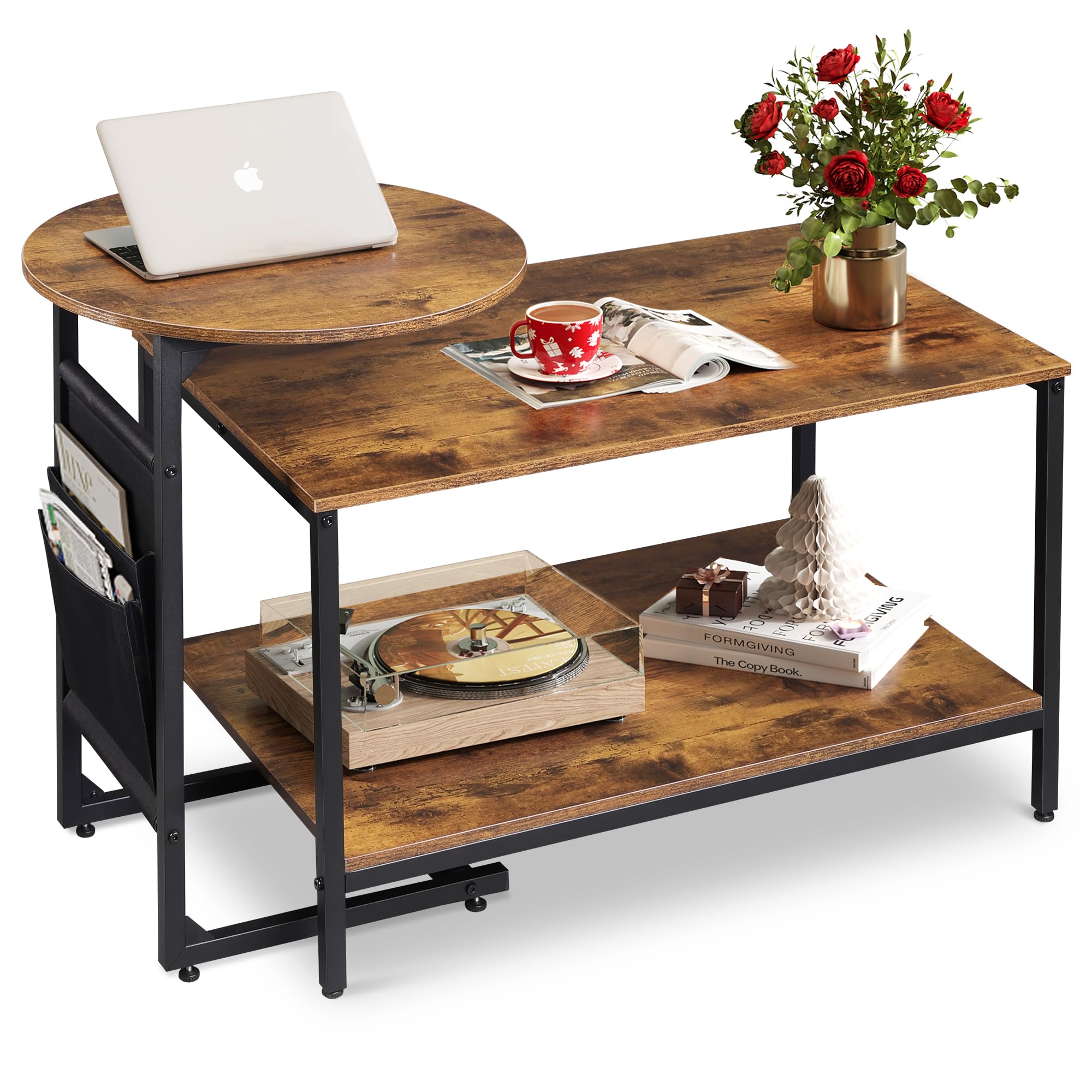 Coffee Table Set, 31.3" & 18.7" Living Room Tables with Storage Side Pouch, Rustic Brown Center & Side Table Combo