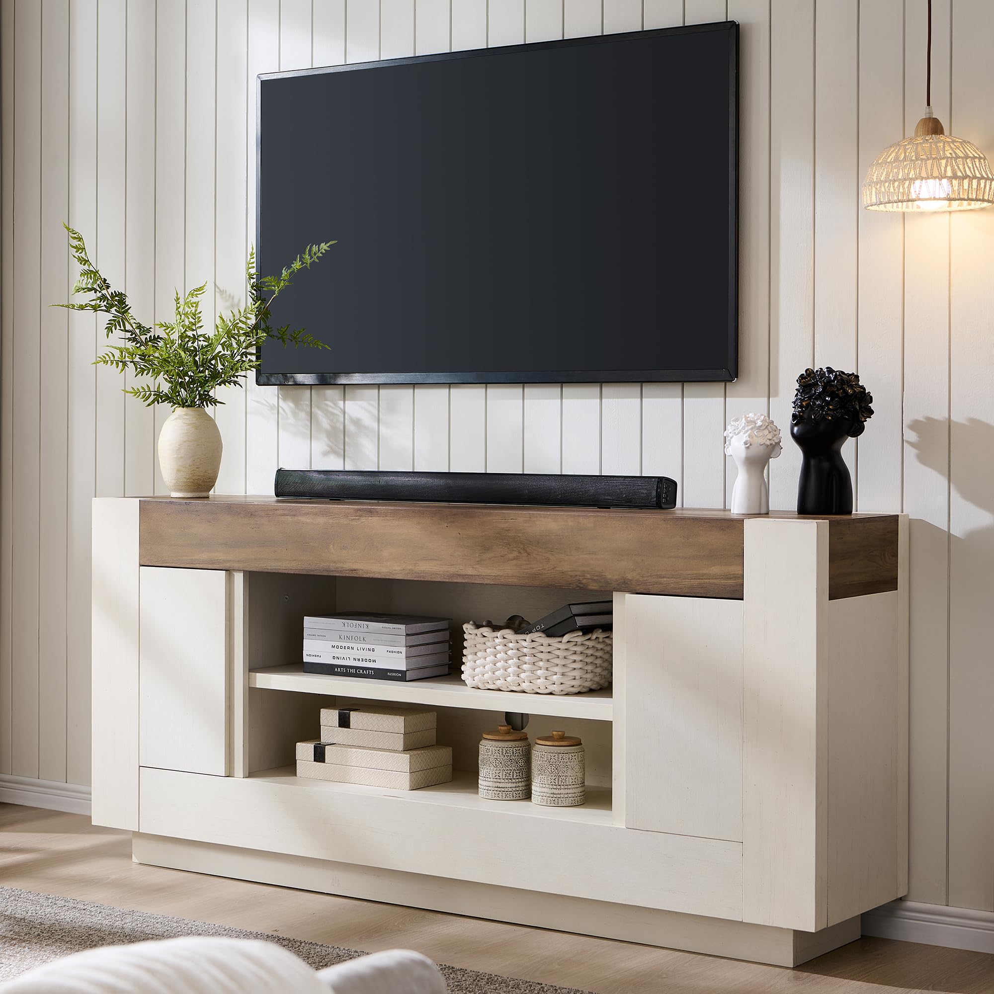 70" Modern Entertainment Console – Antique White TV Stand with Open Storage & Cabinets for Living Room or Bedroom