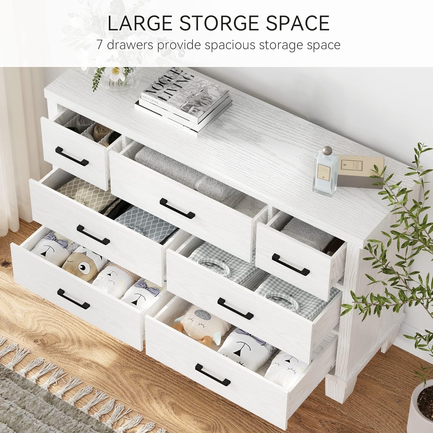 7-Drawer Dresser – White Wooden Chest with Metal Handles, Modern Bedroom Organizer for Living Room or Closet
