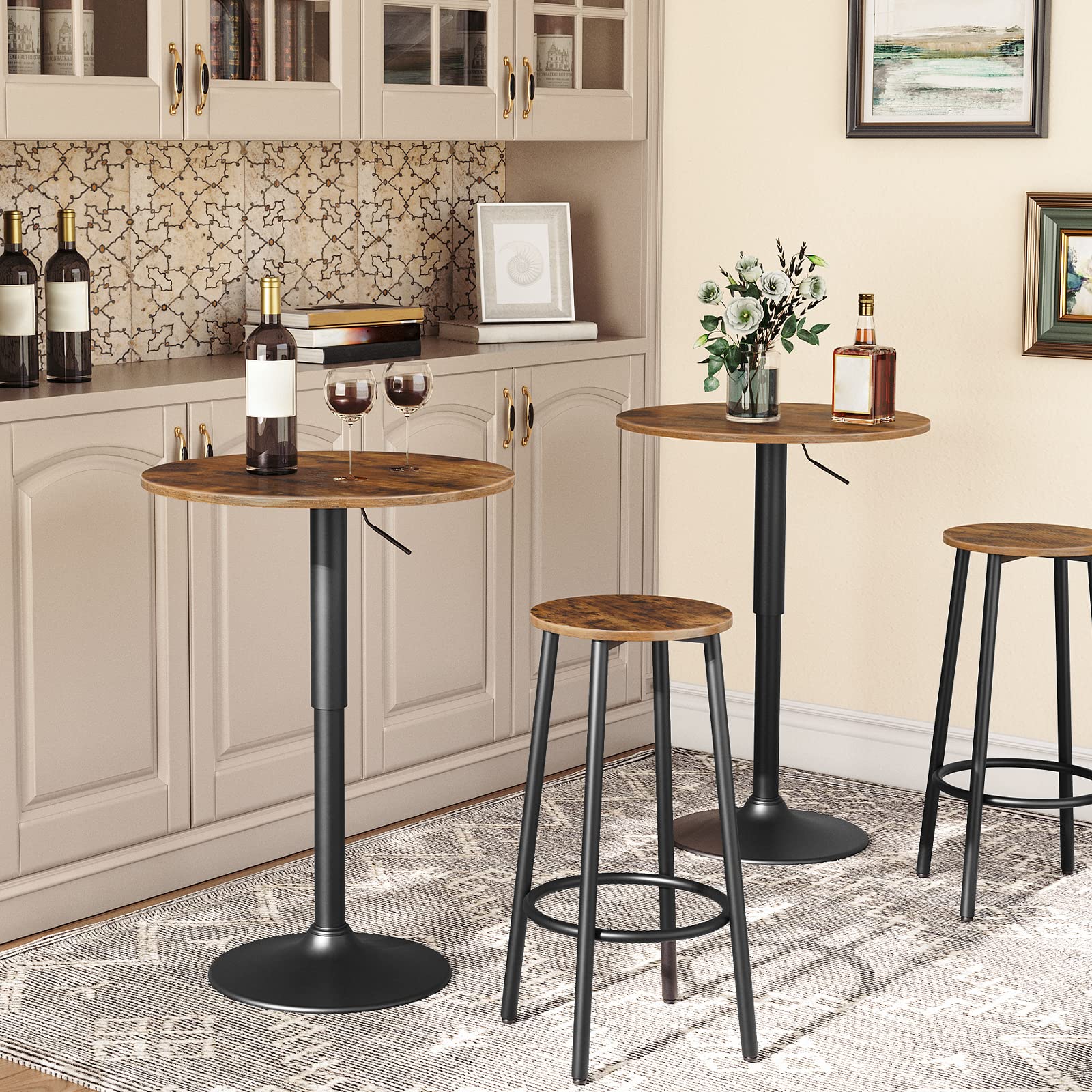 Bar Stools Set of 2, Round Counter Height Kitchen Stools with Footrest, Sturdy Steel Frame for Dining Room, Party, Rustic Brown