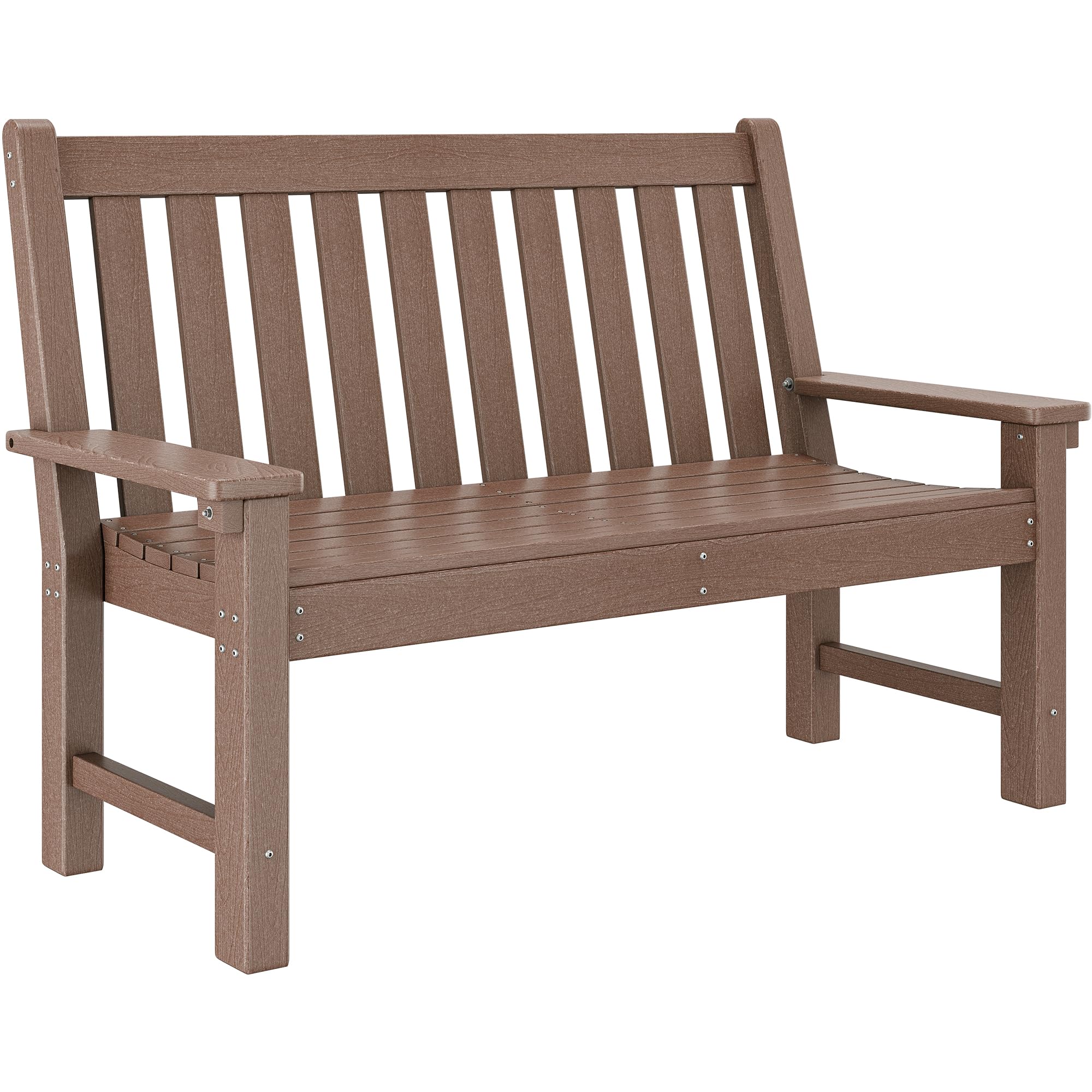 Brown HDPE Garden Bench, All-Weather Outdoor Seating, 2-3 Person Patio Bench Fade and Rot Resistant