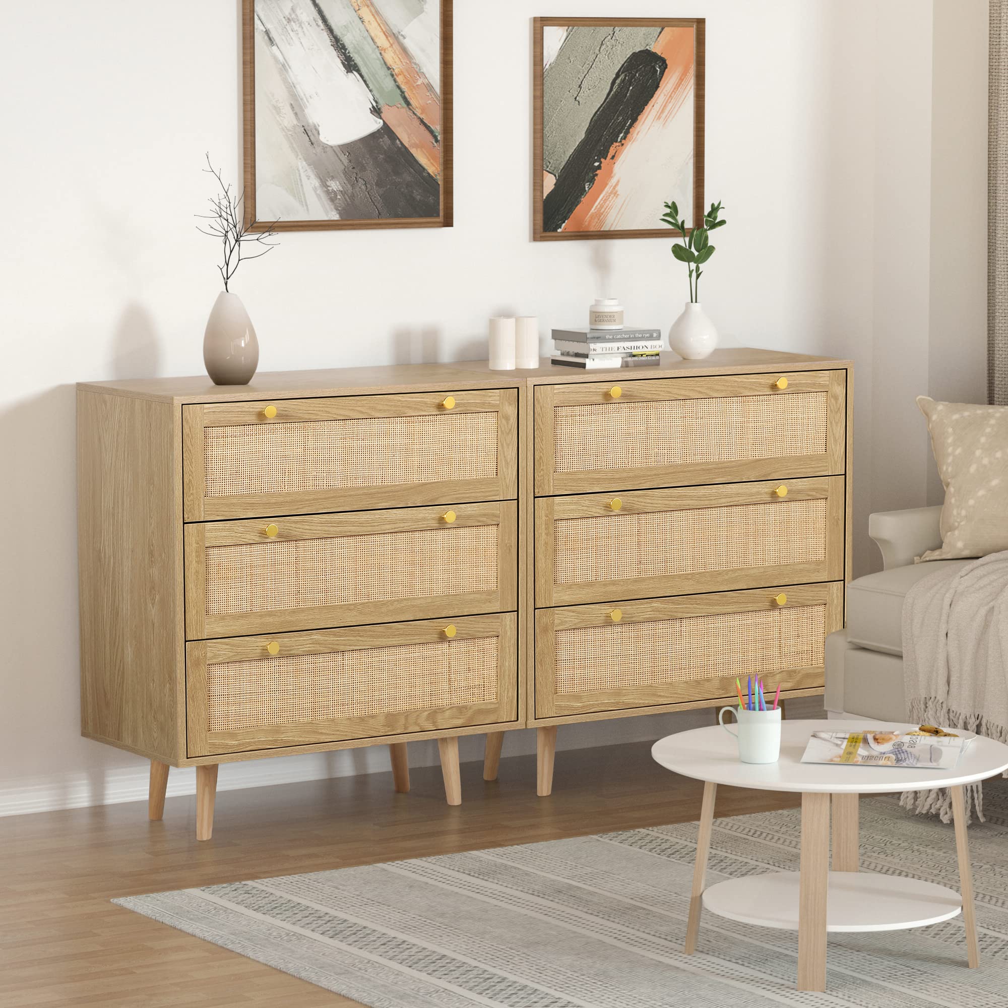 Modern Rattan 3-Drawer Dresser, Rustic Oak Wood Chest with Spacious Storage for Bedroom, Hallway, H0027