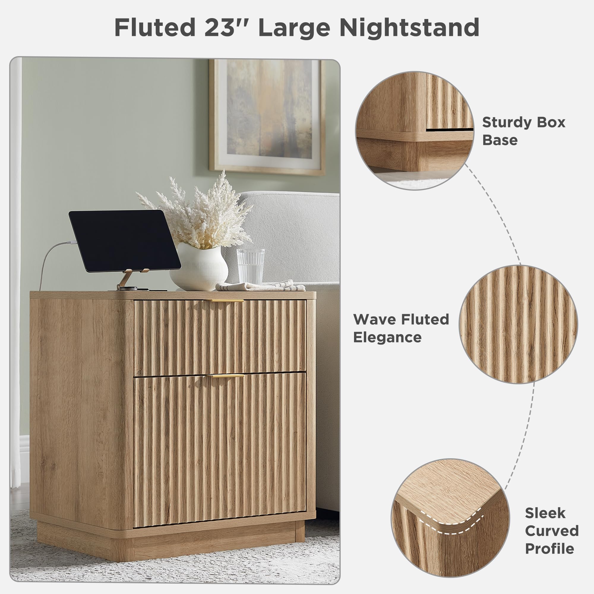 23'' Natural Oak Fluted Nightstand with Charging Station, 2-Drawer Modern End Table for Bedroom