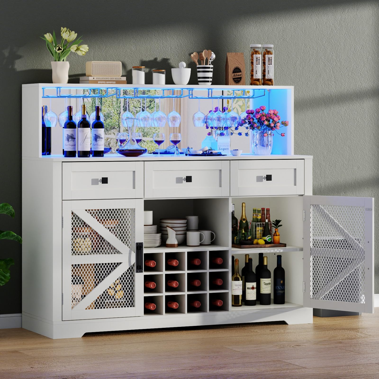 White Wine Bar Cabinet with LED Light, Kitchen Buffet with 3 Drawers, Goblet Holder, Mirror & Adjustable Storage Shelf